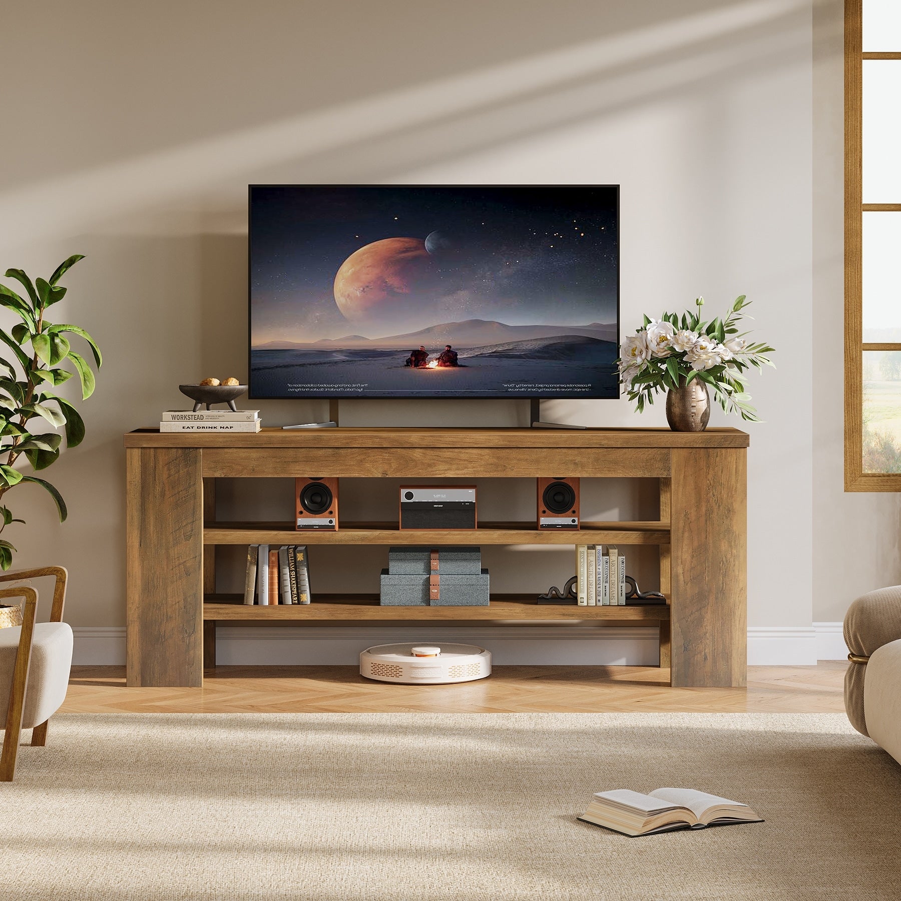 Wood Tv Stand With Open Storage For Tvs Up To 55 47.2 L 11.8 D 19.7 H