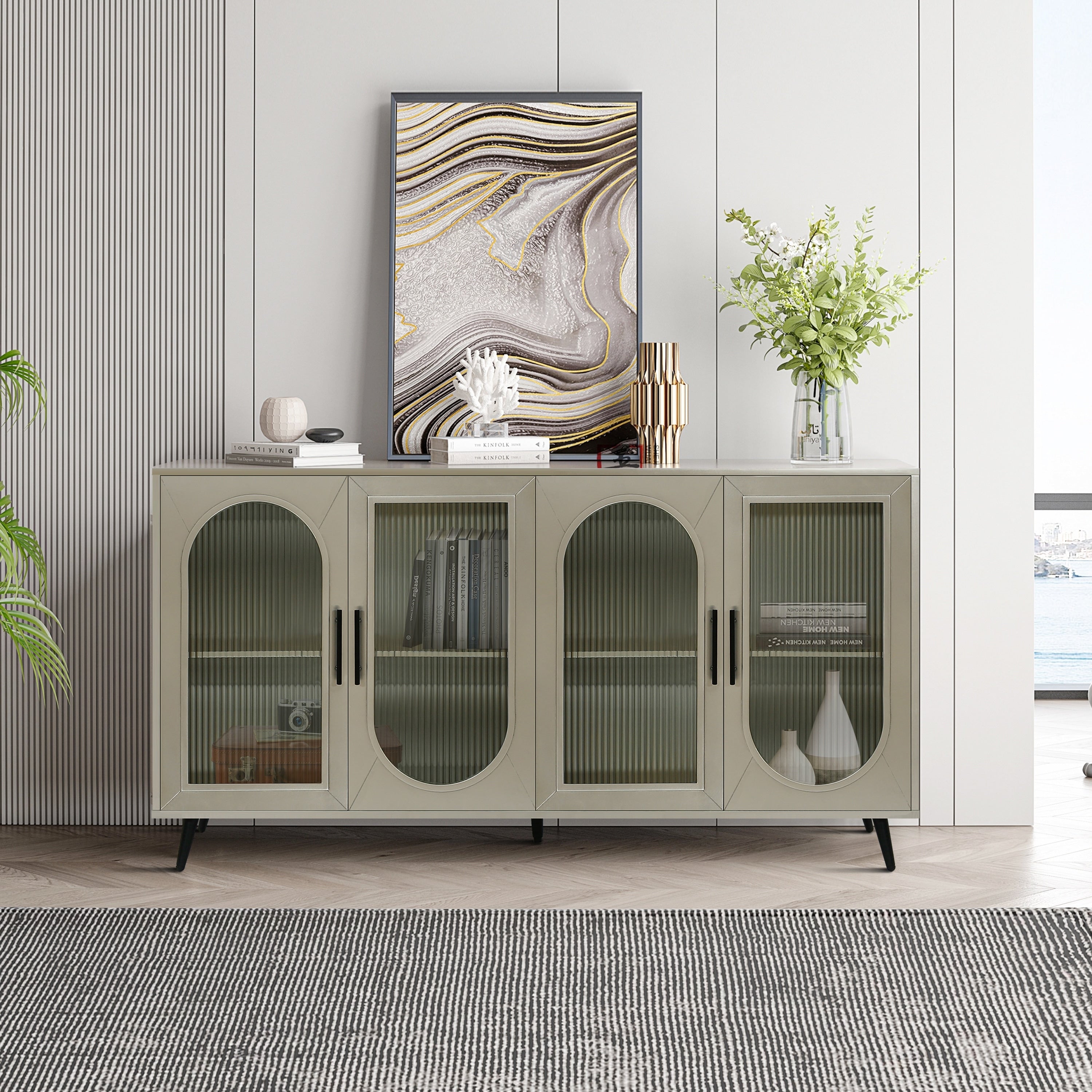 Wood Tv Stand With Storage Cabinet Adjustable Shelves