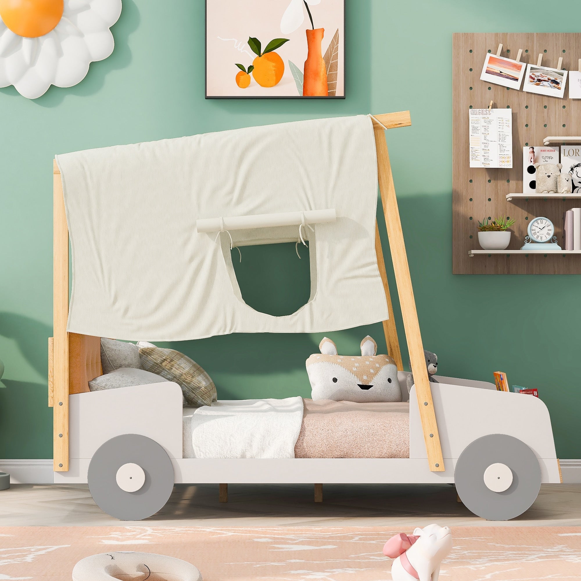 Wood Twin Full Size Car Bed With Pillow Ceiling Cloth