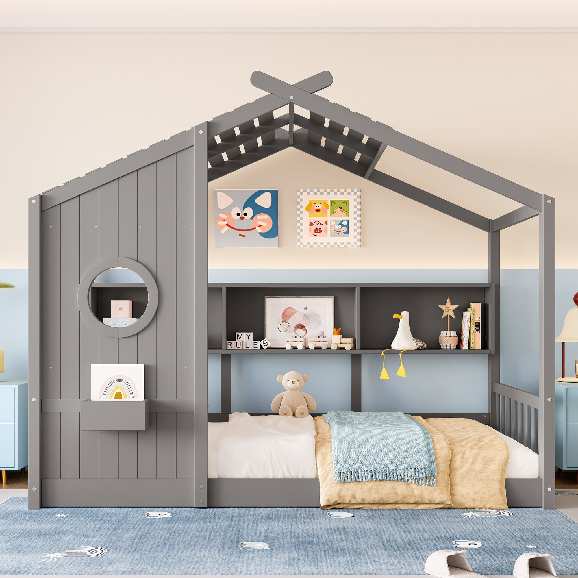 Wood Twin Full Size Floor House Bed For Toddler Kids Montessori Bed With Storage Shelf Playhouse Bed With Roof Design
