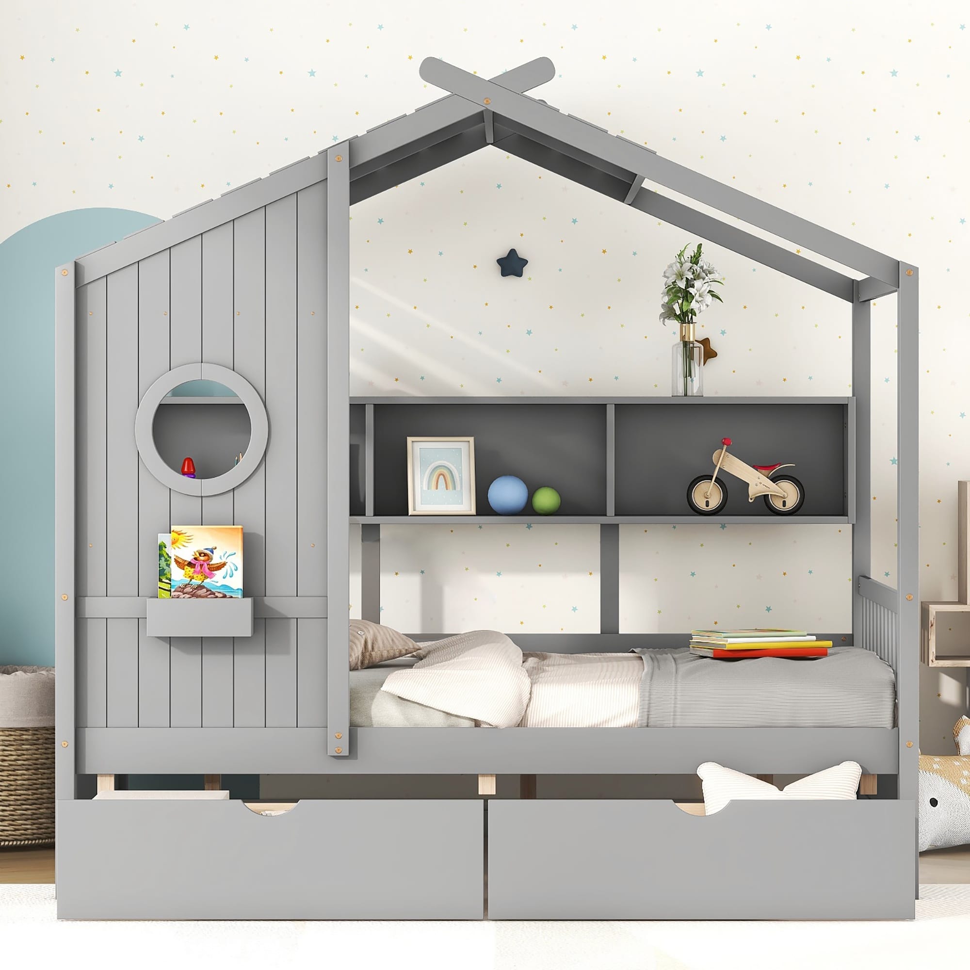 Wood Twin Full Size House Bed With 2 Drawers