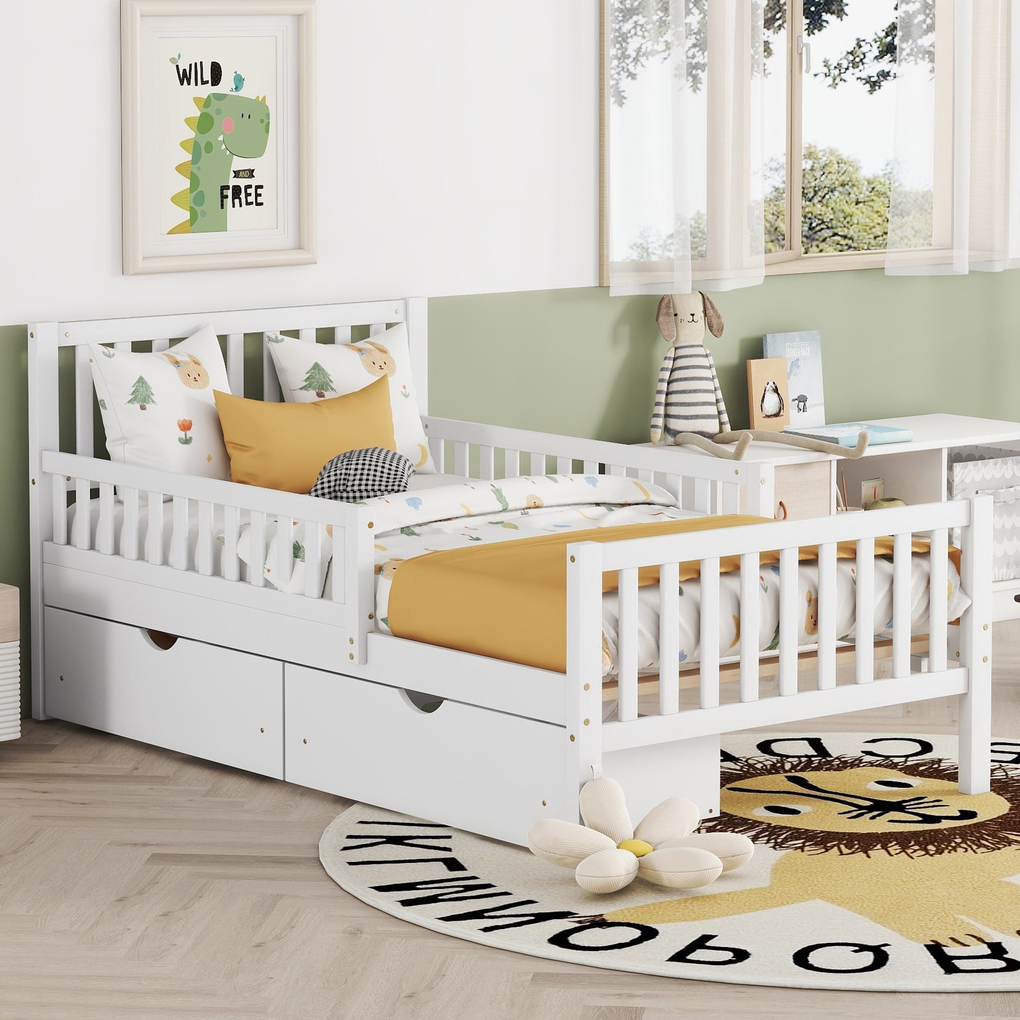 Wood Twin Full Size Wood Platform Bed With Guardrails On Both Sides And Two Storage Drawers