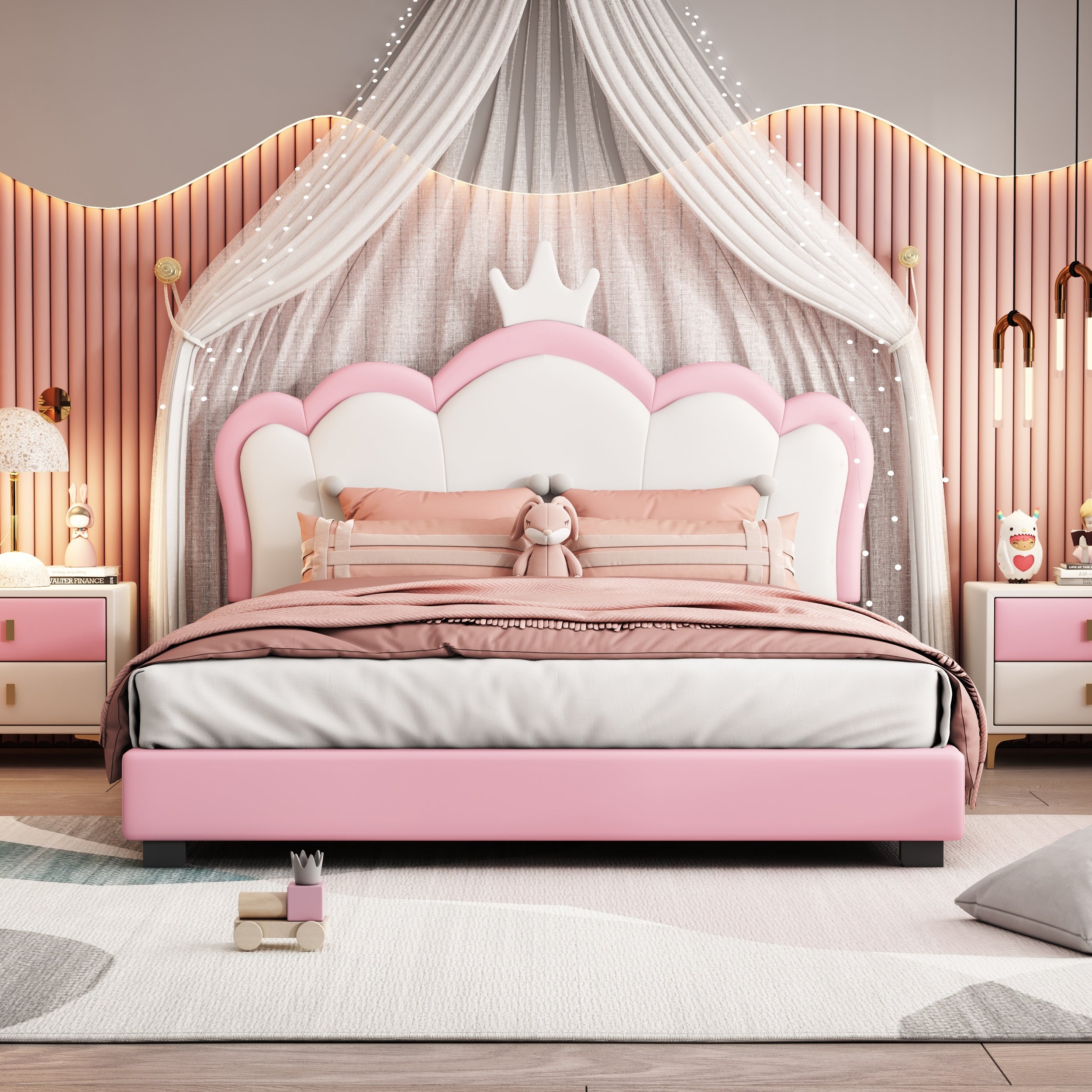 Wood Twin Full Size Upholstered Princess Bed With Crown Headboard