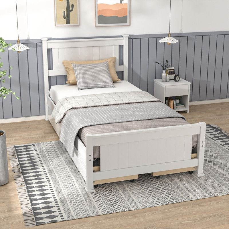 Wood Twin Size Bed Frame With 4 Storage Drawers Solid Wood Platform Bed With Headboard
