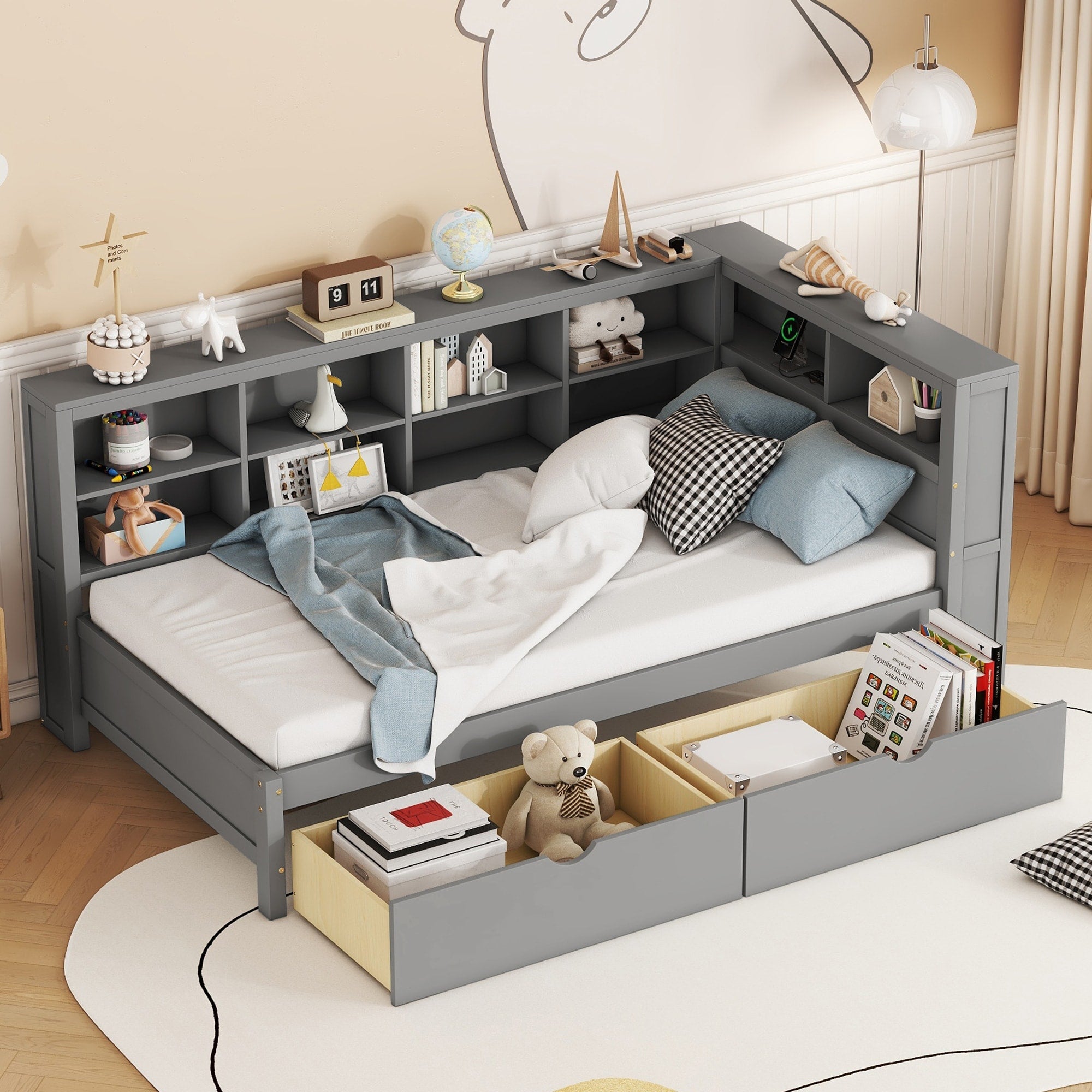 Wood Twin Size Daybed Platform Bed With Drawers Usb Charging Ports