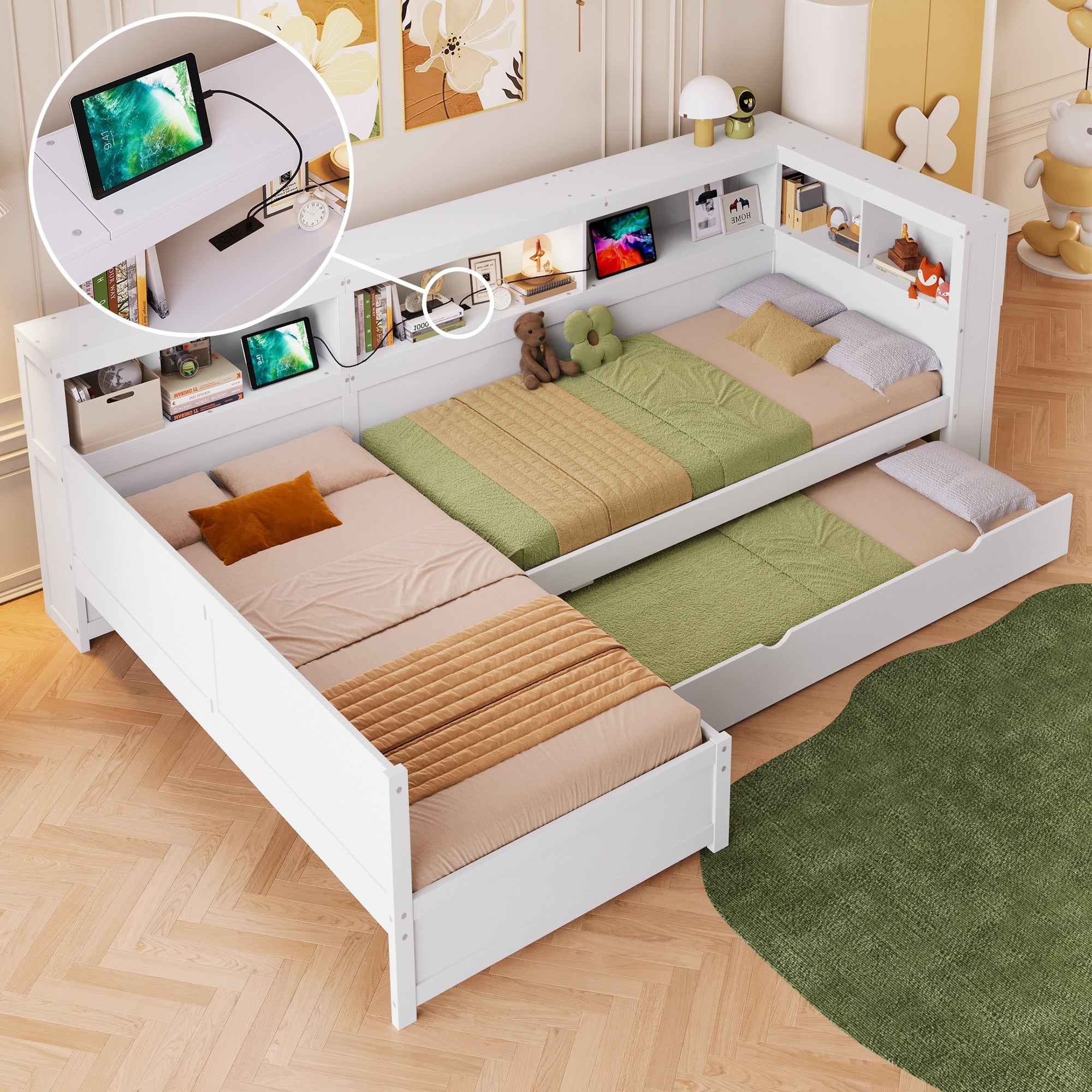 Wood Twin Size L Shaped Platform Bed With Trundle Drawer Storage