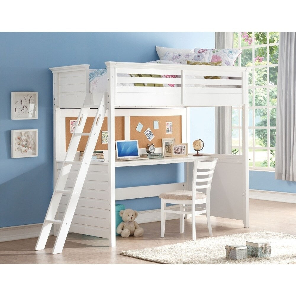 Wood Twin Size Loft Bed With Desk White