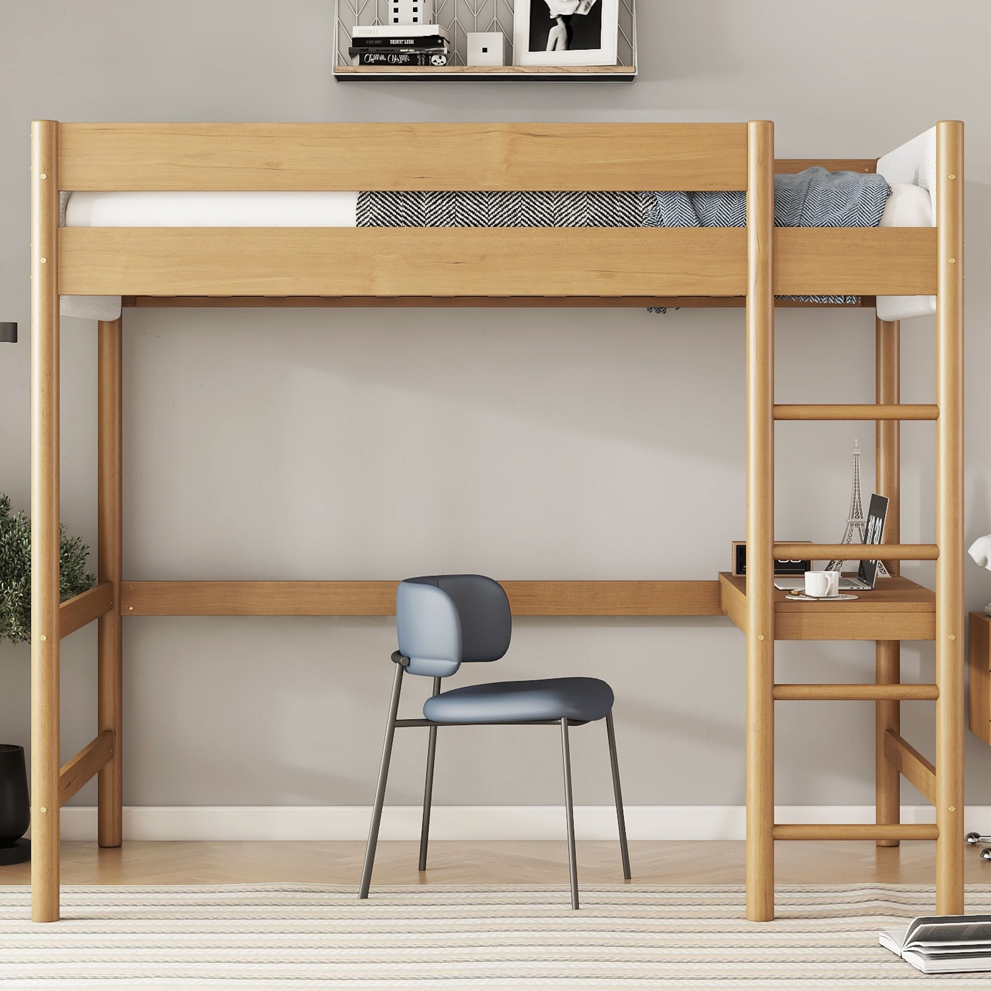 Wood Twin Size Loft Bed With Desk Boucle Upholstered Headboard And Footboard With Ladder Safety Guardrails