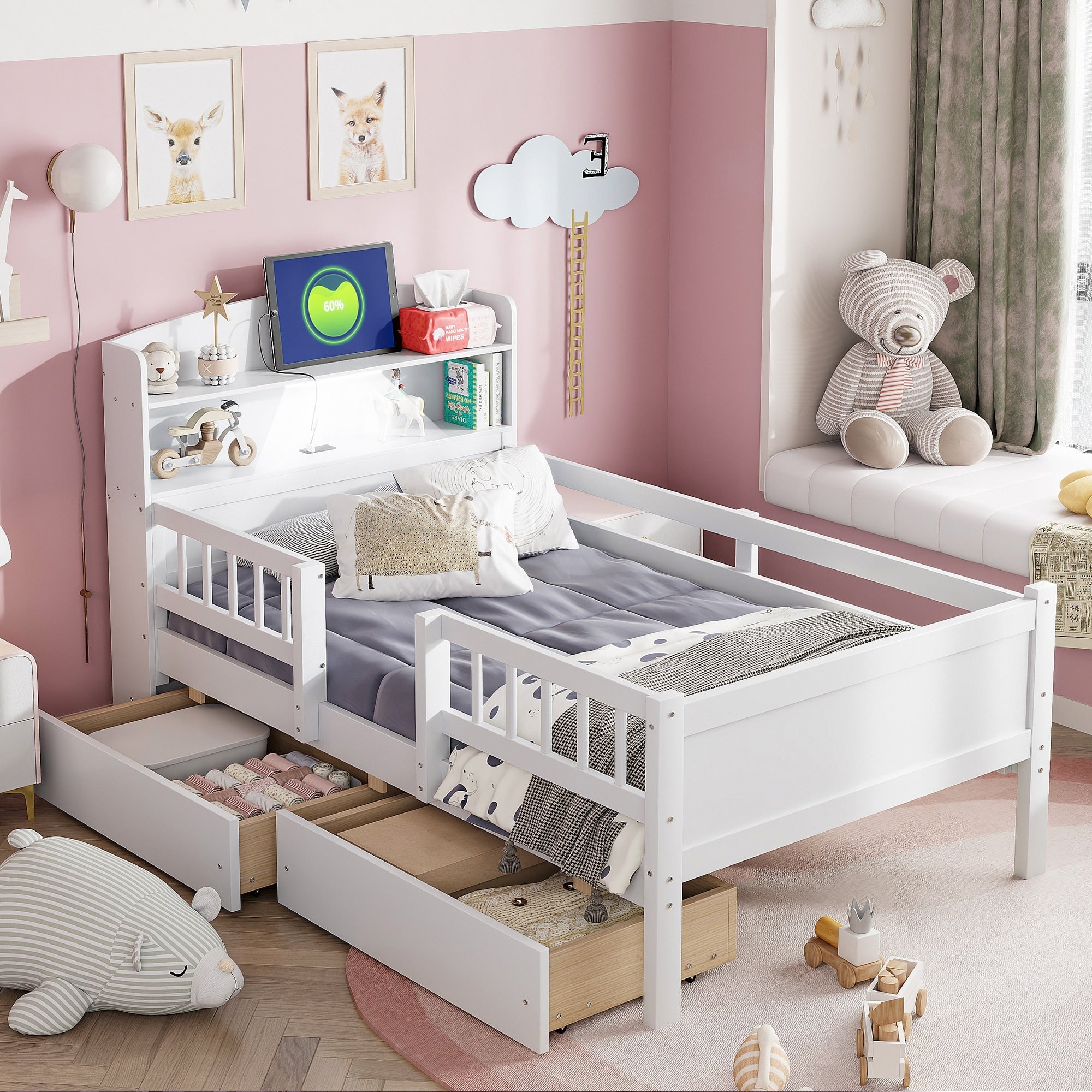 Wood Twin Size Platform Bed With Built In Led Light Storage Headboard And 2 Drawers
