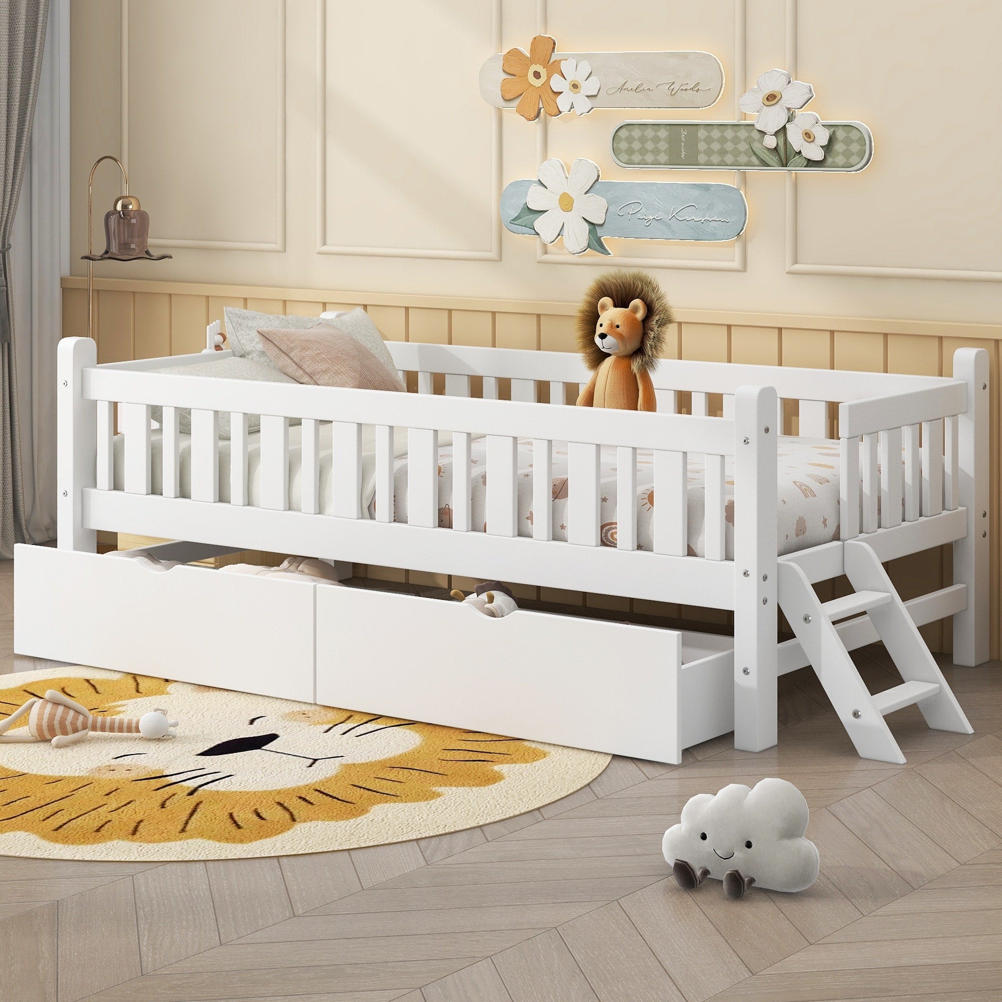 Wood Twin Size Platform Bed With Guardrail And 2 Storage Drawers