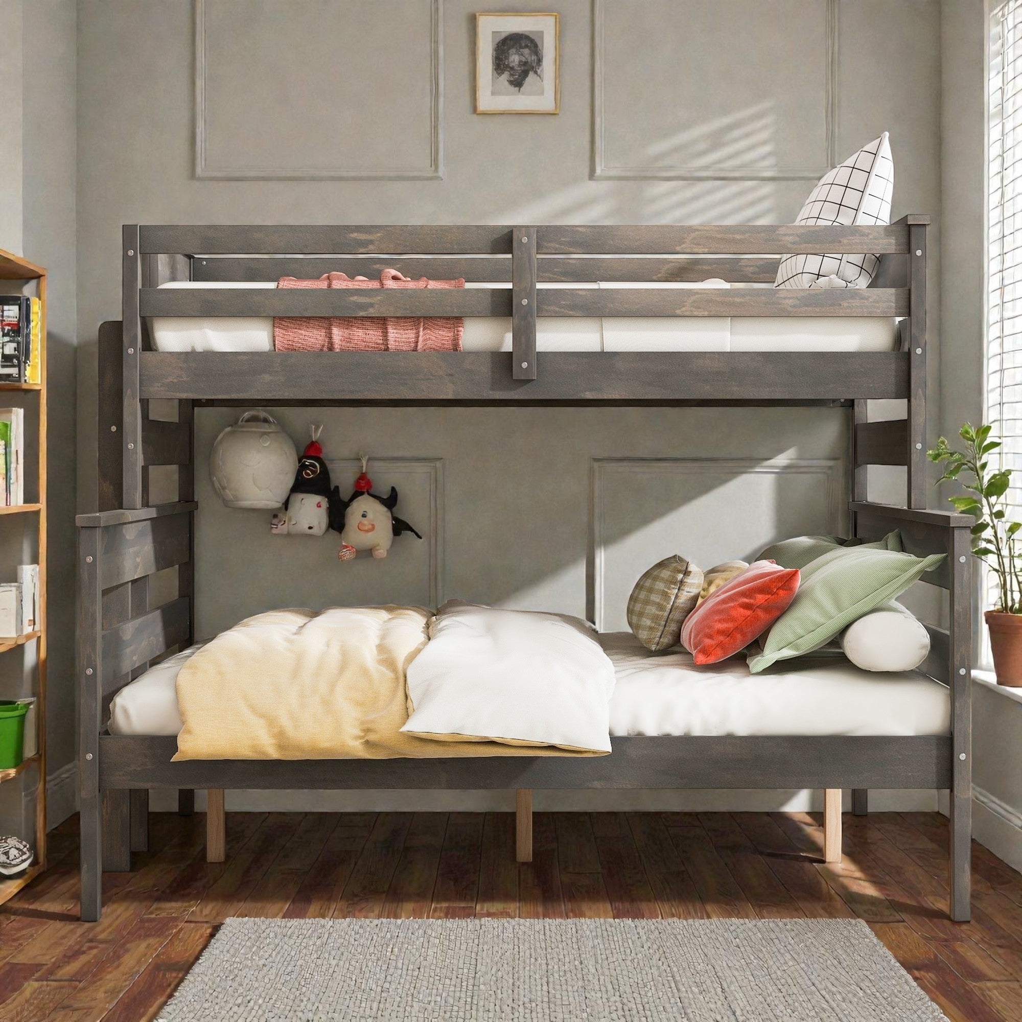 Wood Twin Xl Over Queen Bunk Bed With Ladder Solid Pine Detachable Bunk Frame With Guardrails And Slat Support