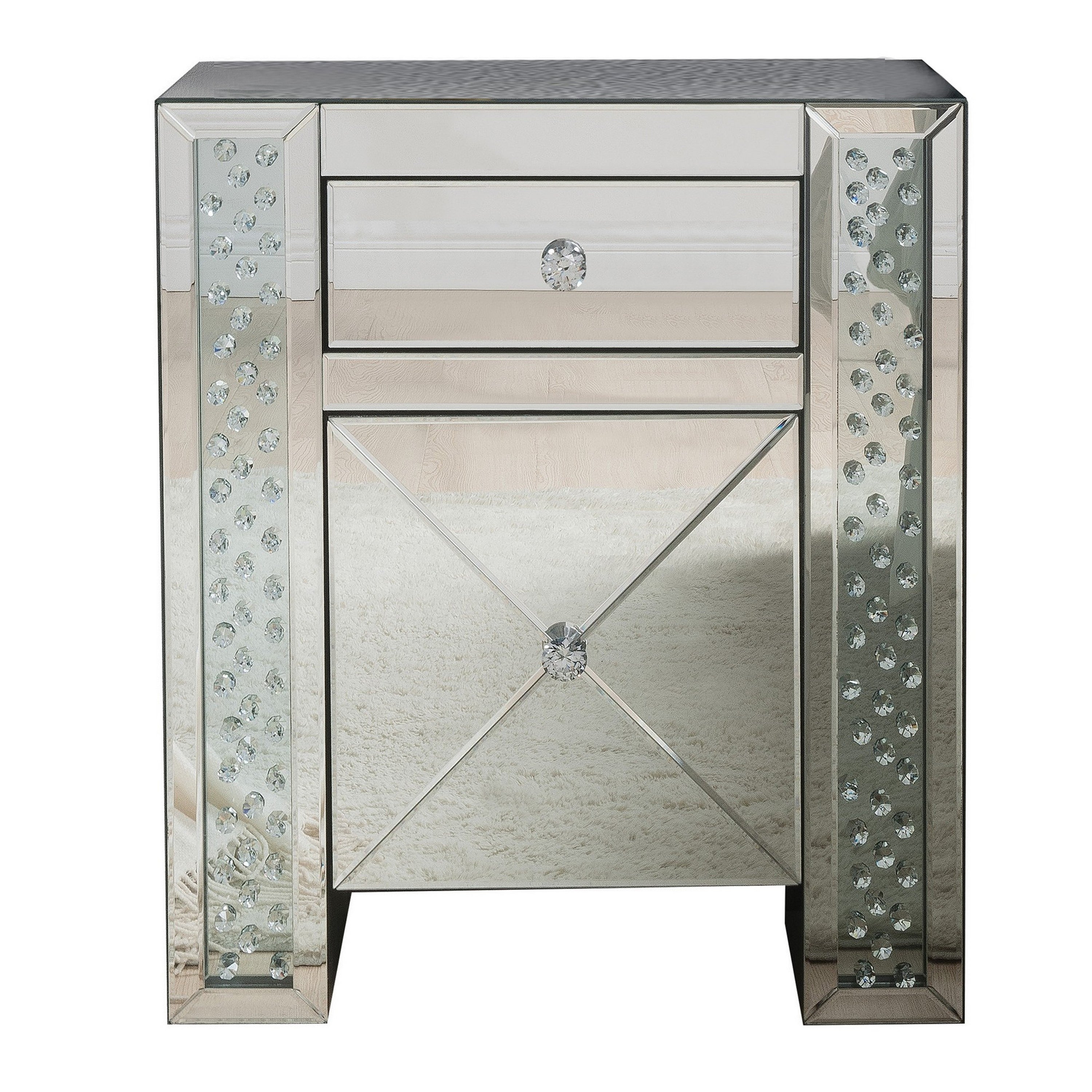 Wood Mirror Nightstand With Crystal Inserts Silver