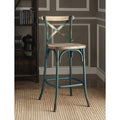 Wood Metal Bar Height Chair With X Style Panel Back Antique Sky Blue