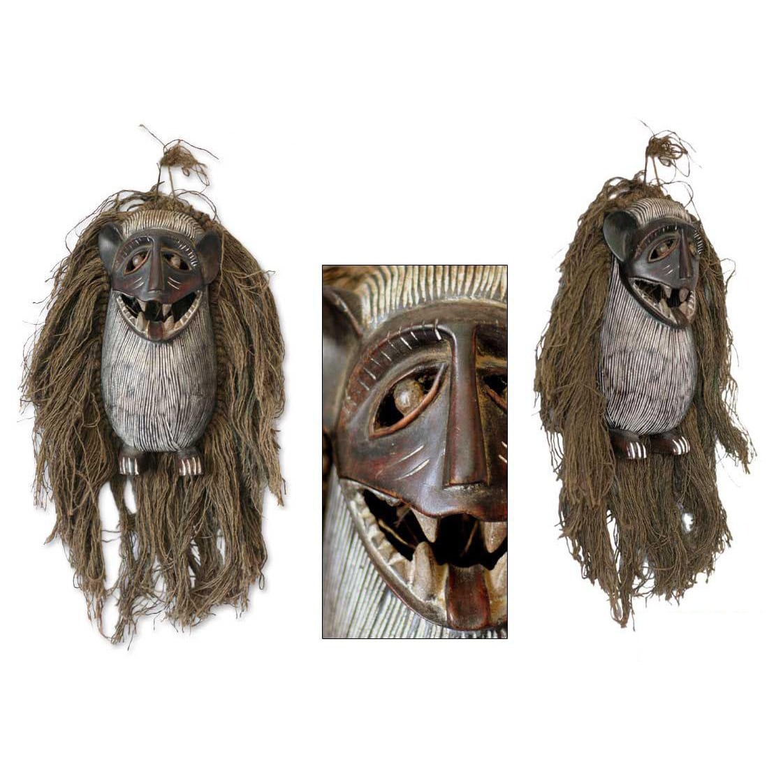 Wood And Jute Monkey Antics African Tribal Mask Ghana