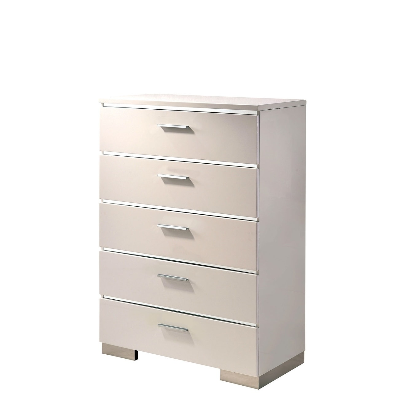 Wood And Metal Chest With 5 Drawers And Block Legs White And Silver