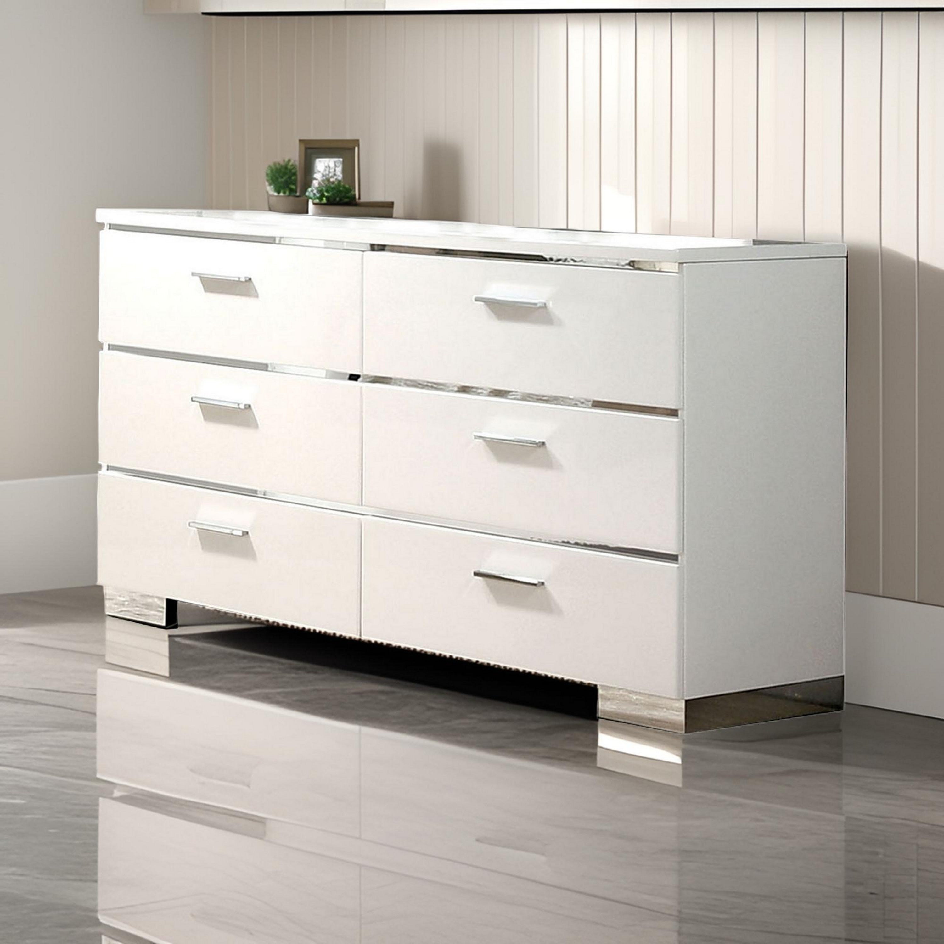 Wood And Metal Dresser With 6 Drawers And Block Leg White And Silver