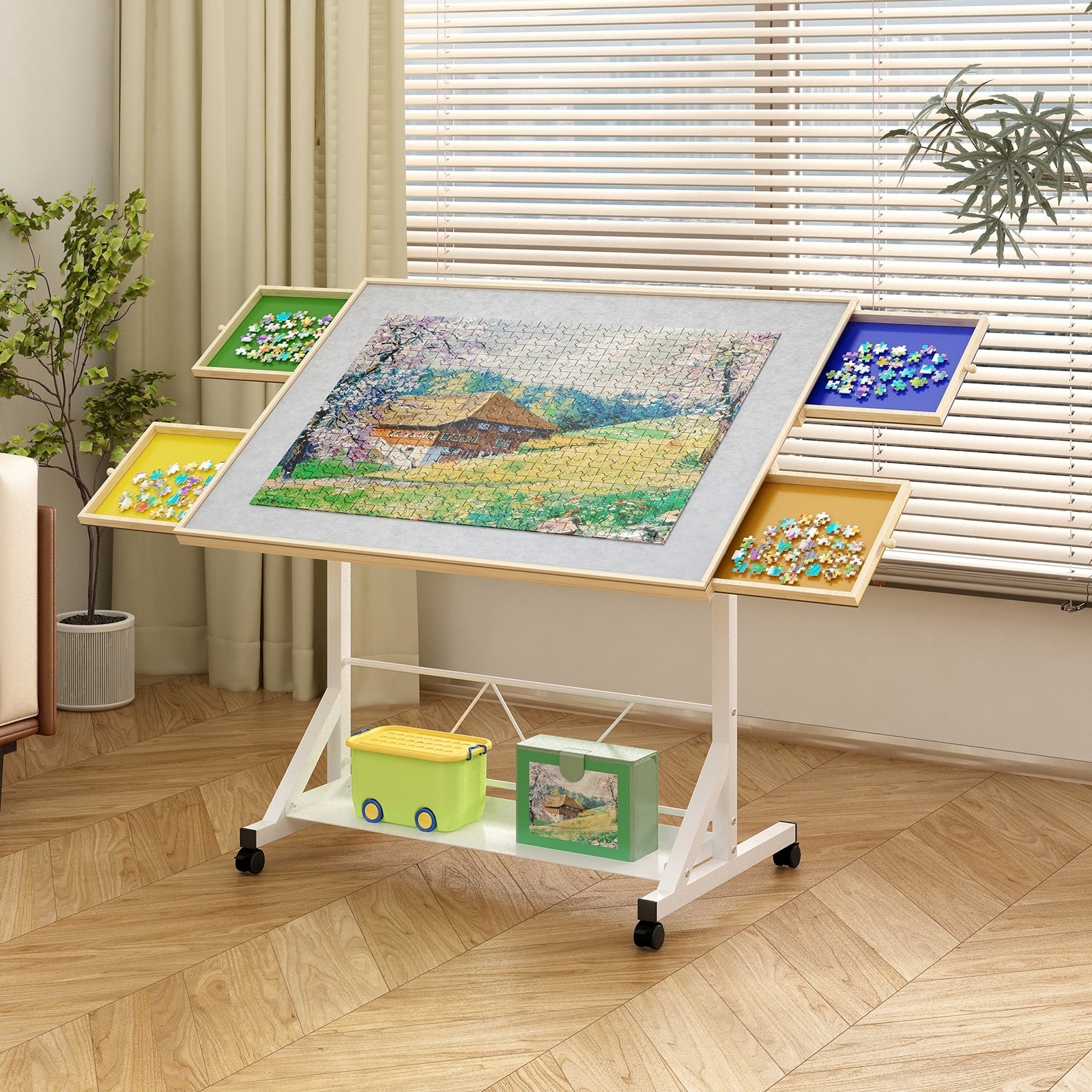 Wooden 1500 Piece Puzzle Table With Drawer 360 Tilting Puzzle Table With Legs And Wheels Adjustable Height And Angle