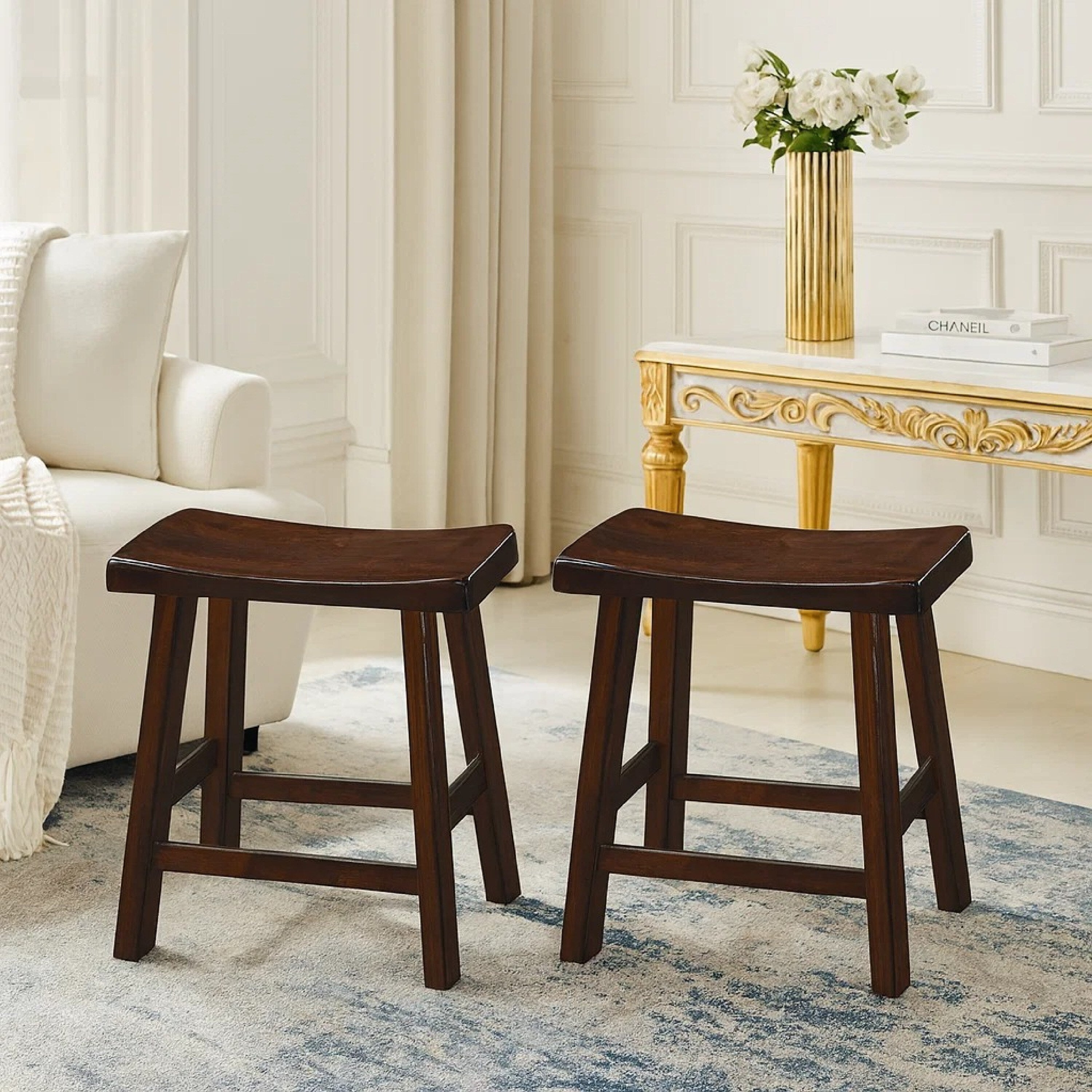 Wooden 18 Counter Height Stool With Saddle Seat Distressed Cherry Set Of 2