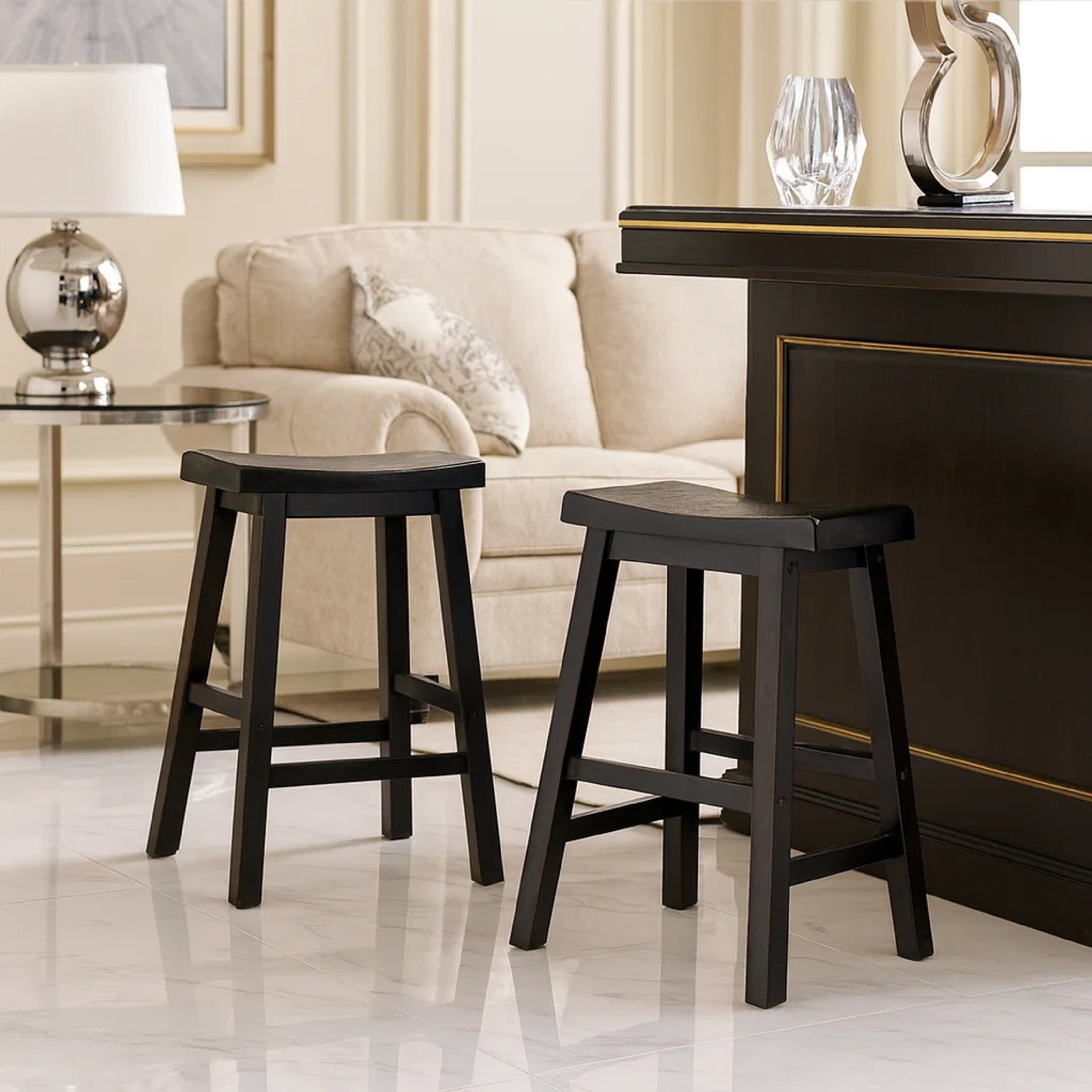 Wooden 24 Counter Height Stool With Saddle Seat Black Set Of 2