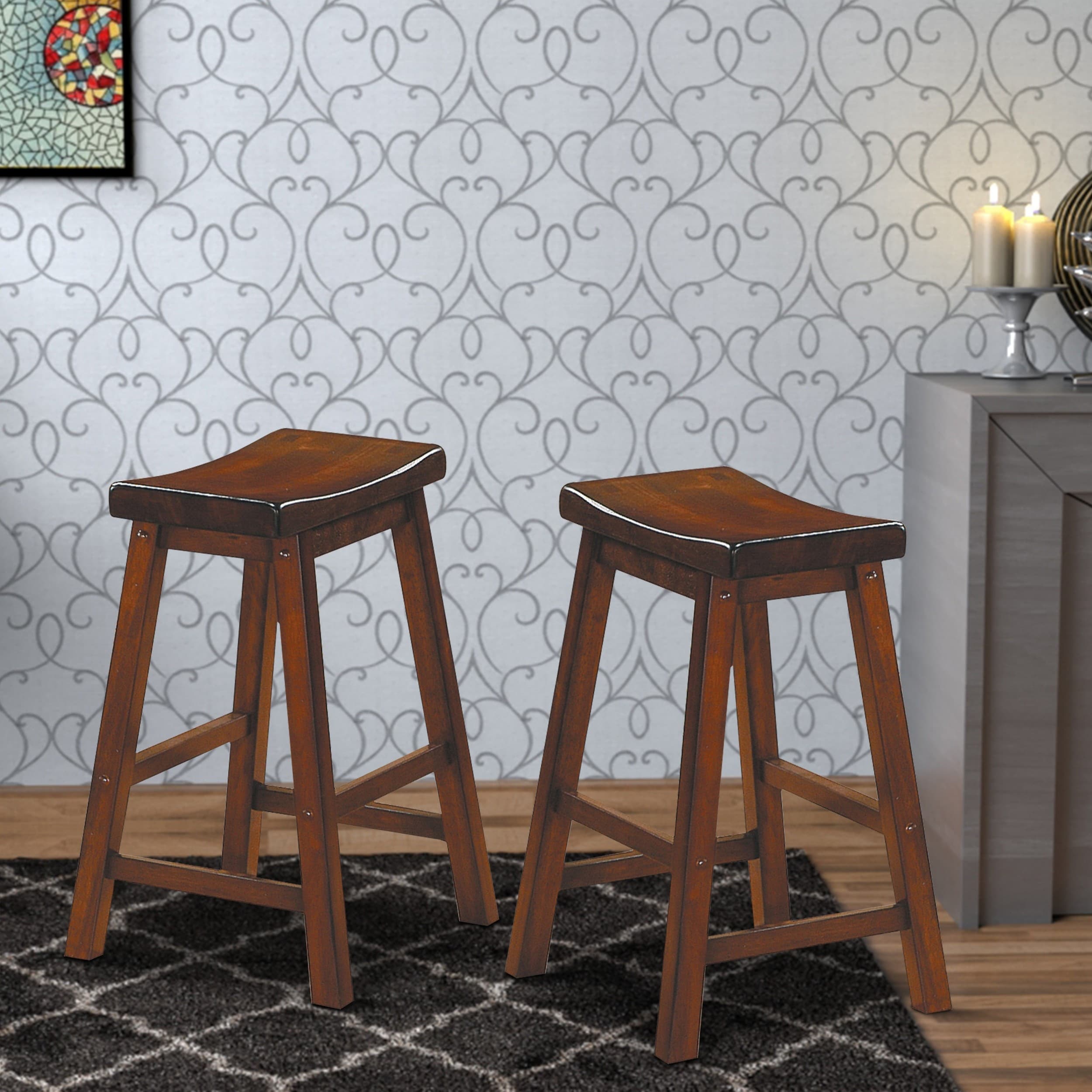 Wooden 24 Counter Height Stool With Saddle Seat Warm Cherry Brown Set Of 2