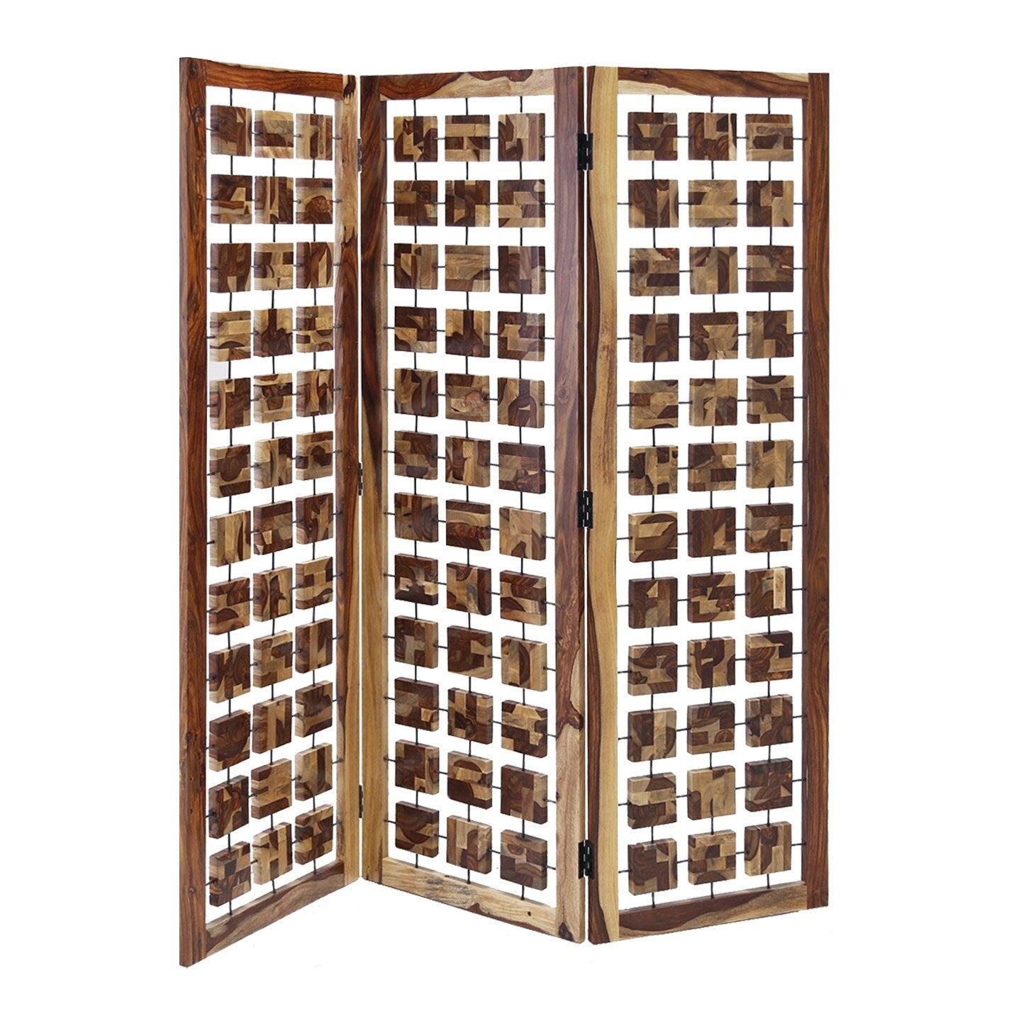 Wooden 3 Panel Room Divider With Interconnected Square Blocks Brown
