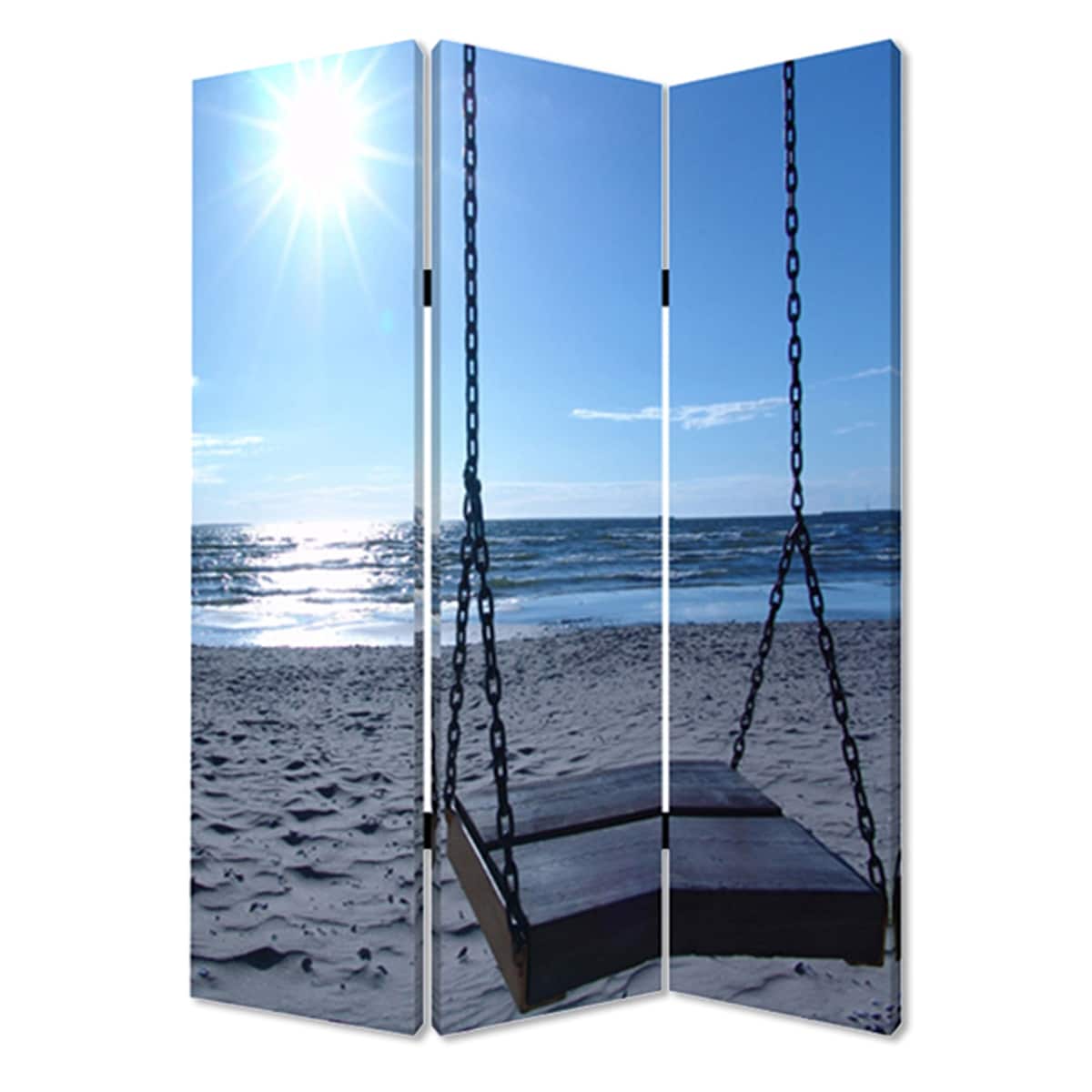 Wooden 3 Panel Room Divider With Seaside Screen Pattern Blue And Gray