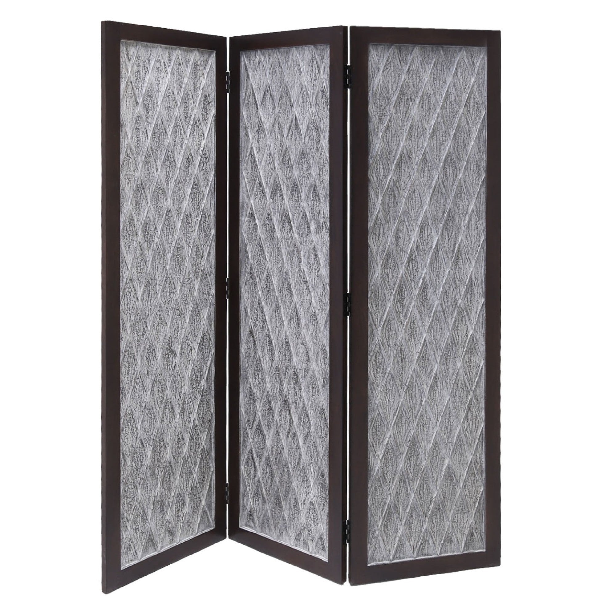 Wooden 3 Panel Room Divider With Textured Diamond Pattern Gray And Black