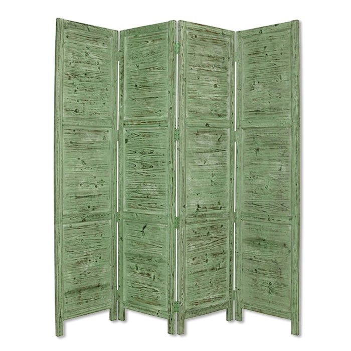 Wooden 4 Panel Foldable Floor Screen With Textured Panels Green