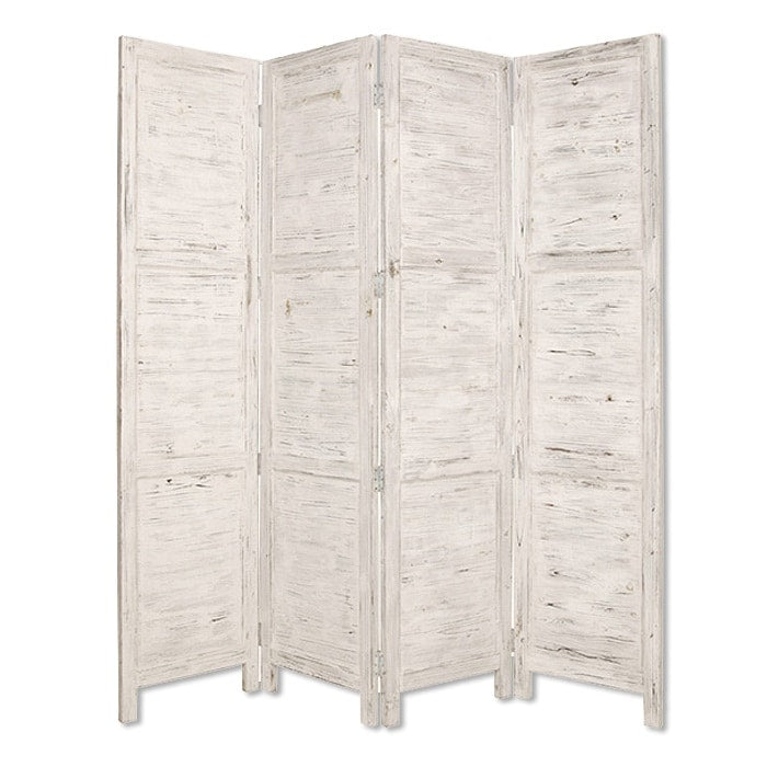Wooden 4 Panel Foldable Floor Screen With Textured Panels White