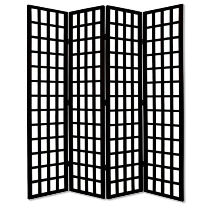 Wooden 4 Panel Foldable Window Pane Screen With Grid Design Black