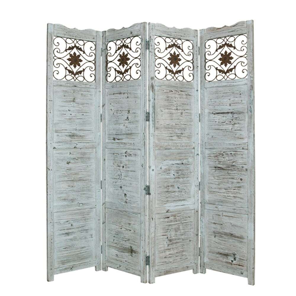 Wooden 4 Panel Screen With Textured Panels And Scrolled Details White