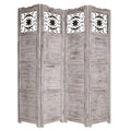 Wooden 4 Panel Screen With Textured Panels And Scrolled Details Gray