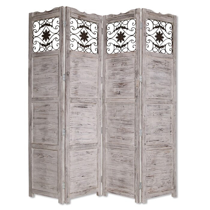 Wooden 4 Panel Screen With Textured Panels And Scrolled Details Gray