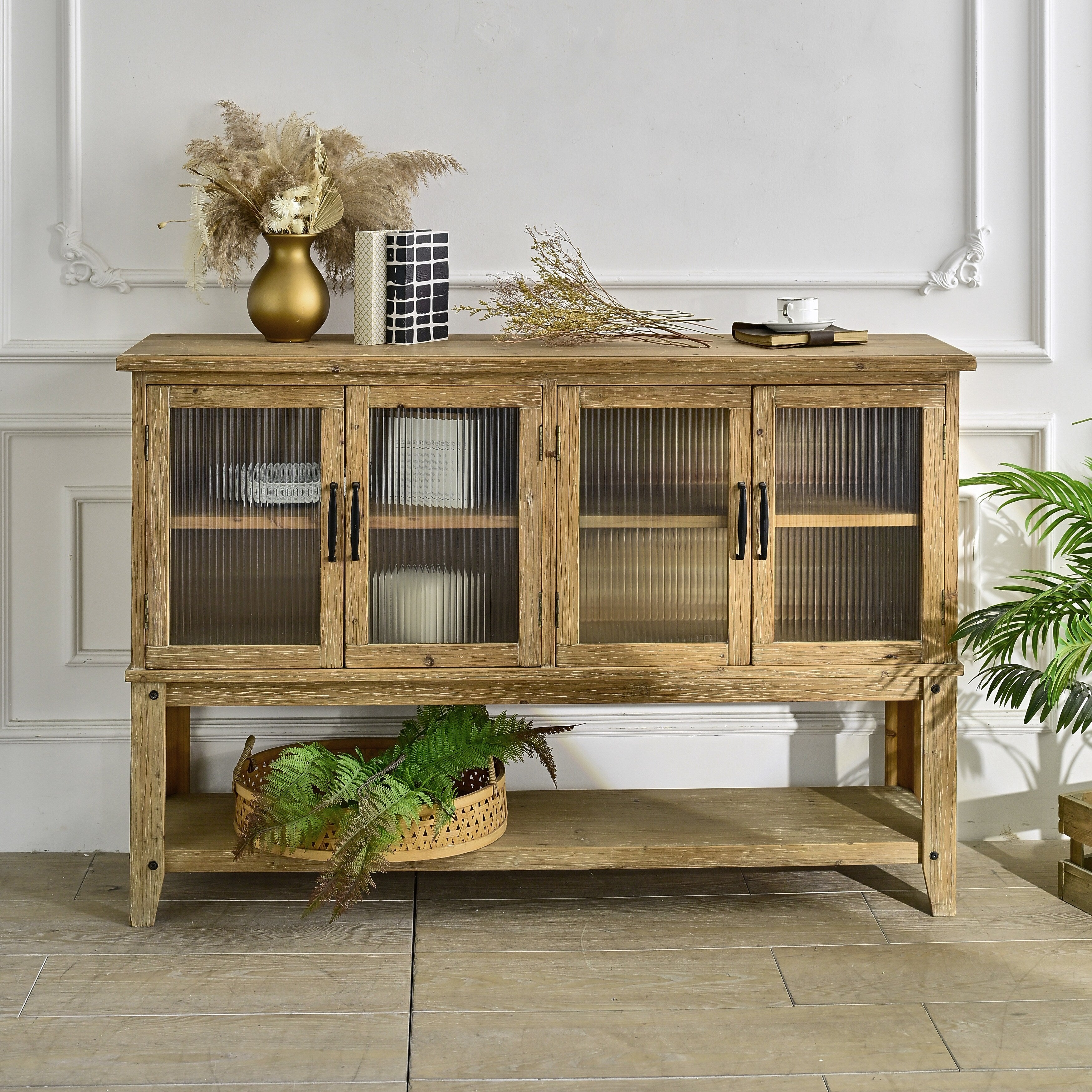 Wooden 59.06 Accent Sideboard Cabinet With Storage Shelf And 4 Glass Doors