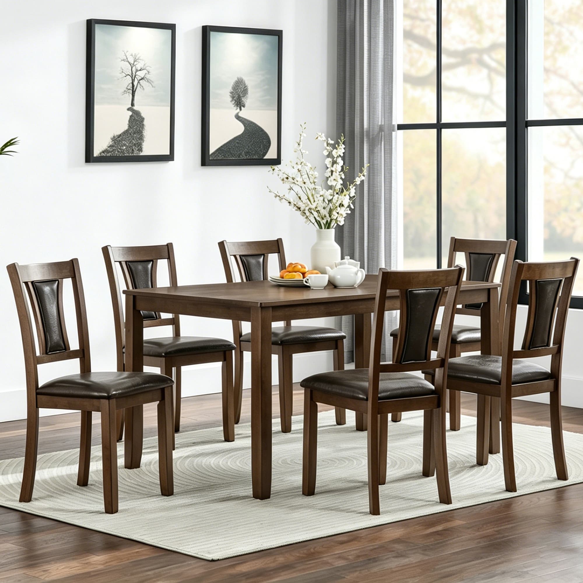 Wooden 7 Piece Rectangular Dining Table Set With 6 Upholstered Chairs For Stylish Dining Experiences