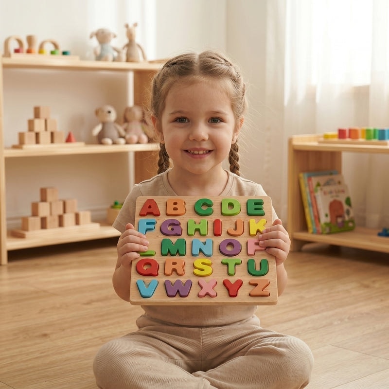 Wooden Alphabet Puzzle For Toddlers Abc Learning Board With Shapes Early Preschool Educational Toy For Kids