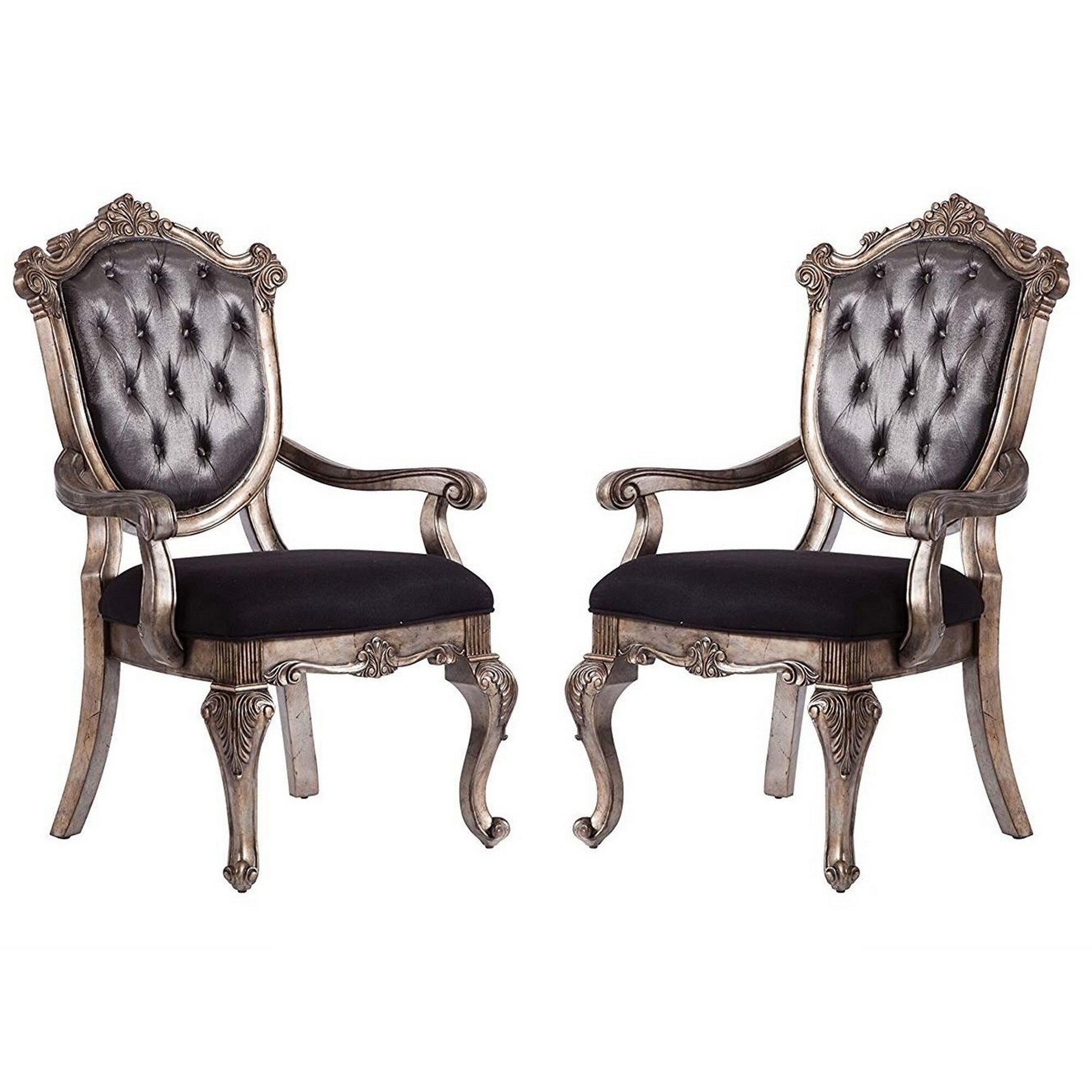 Wooden Arm Chair With Button Tufted Padded Backrest Set Of 2 Silver And Gray
