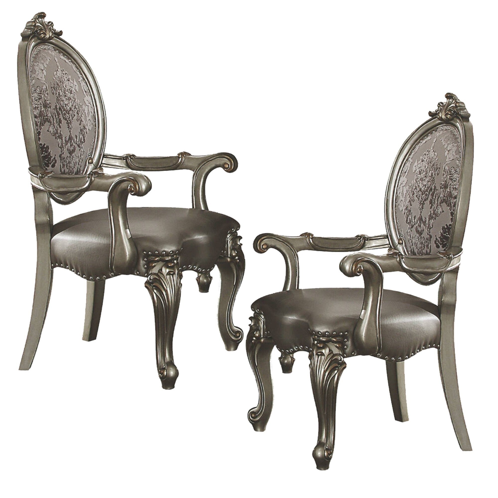 Wooden Arm Chairs With Fabric Upholstered Back And Leatherette Seat Silver Set Of Two