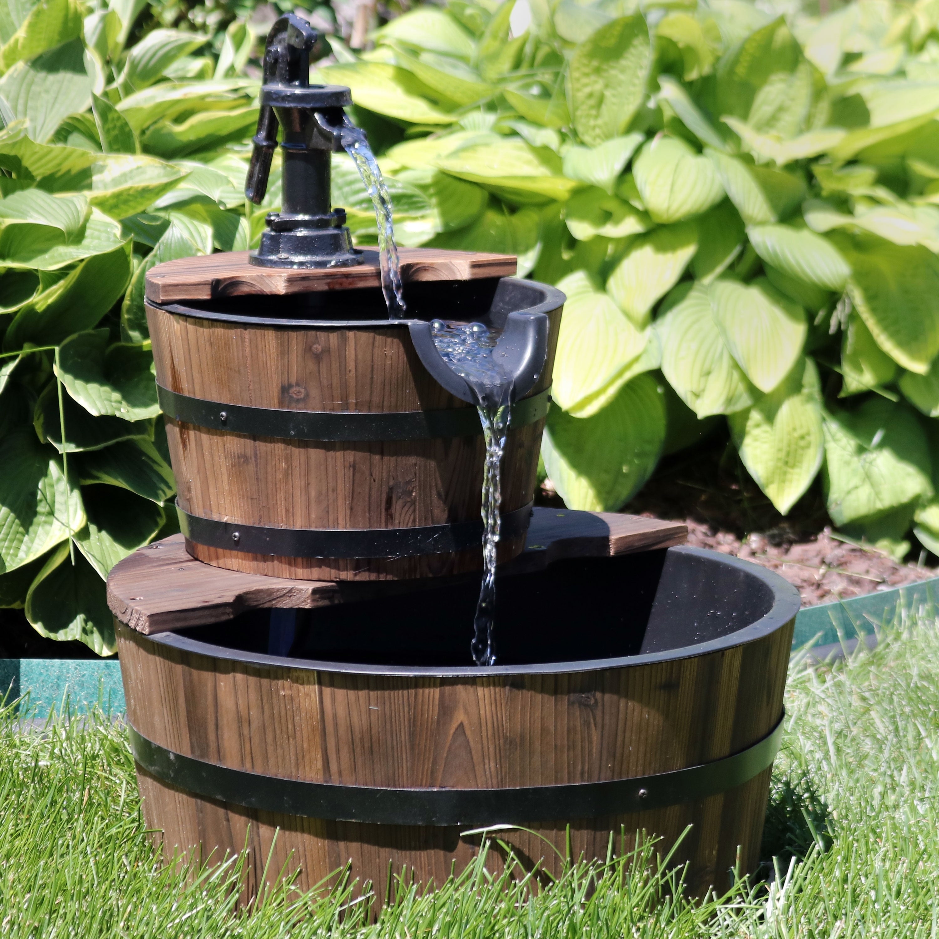 Sunnydaze Wooden Bowl Barrel Water Fountain With Hand Pump And Liner 23 Inch