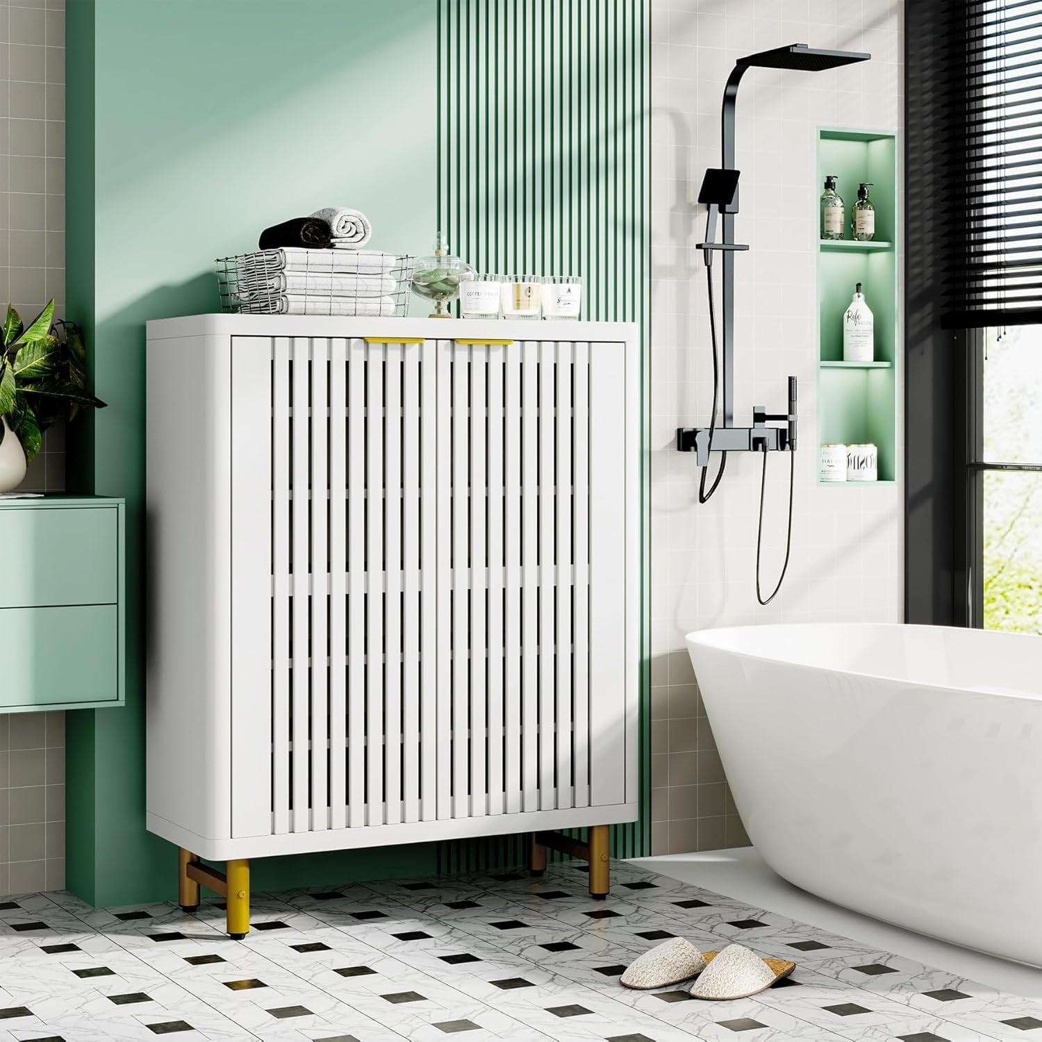 Wooden Bathroom Floor Cabinet Adjustable Shelves Large Storage Sideboard Accent Cabinet For Bathroom Kitchen Living Room
