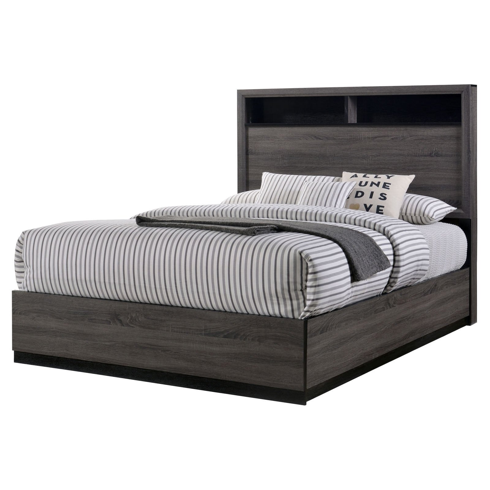 Wooden California King Bed With Bookcase Headboard And Grain Details Gray