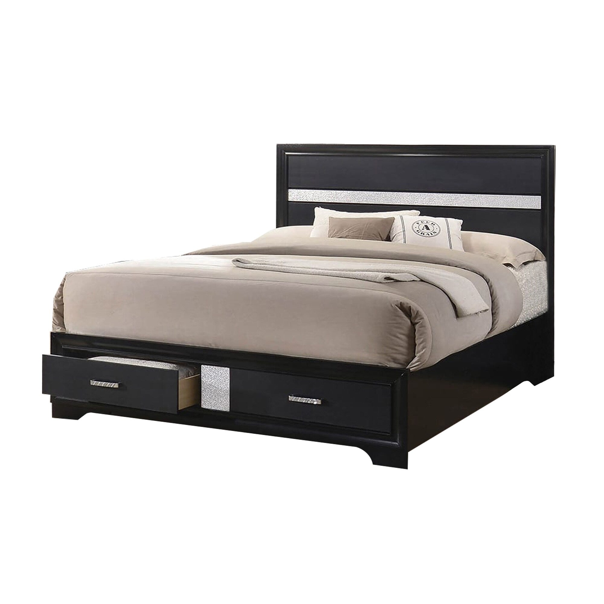 Wooden California King Size Bed With 2 Storage Drawers Black And Silver