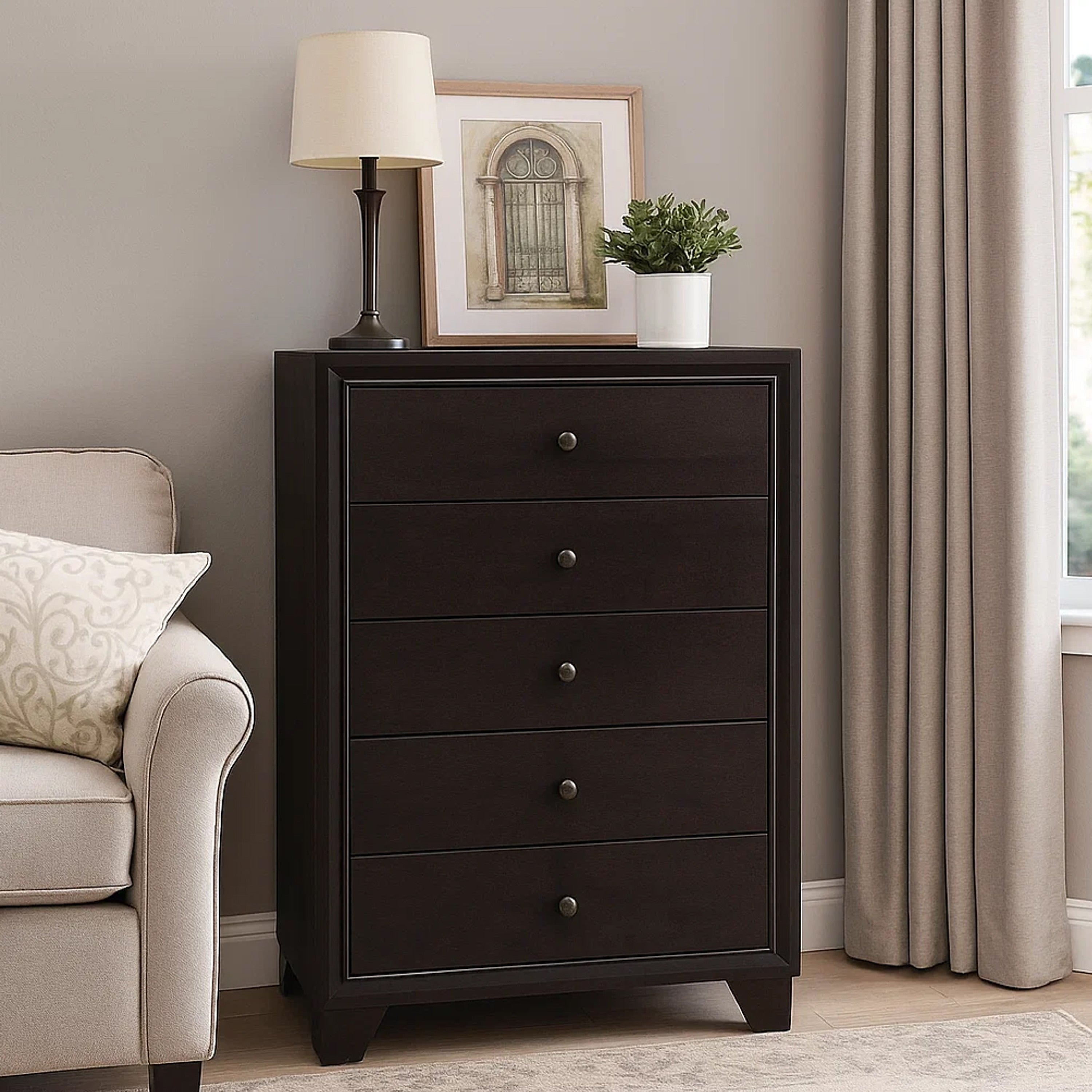 Wooden Chest With 5 Spacious Drawers Espresso Brown