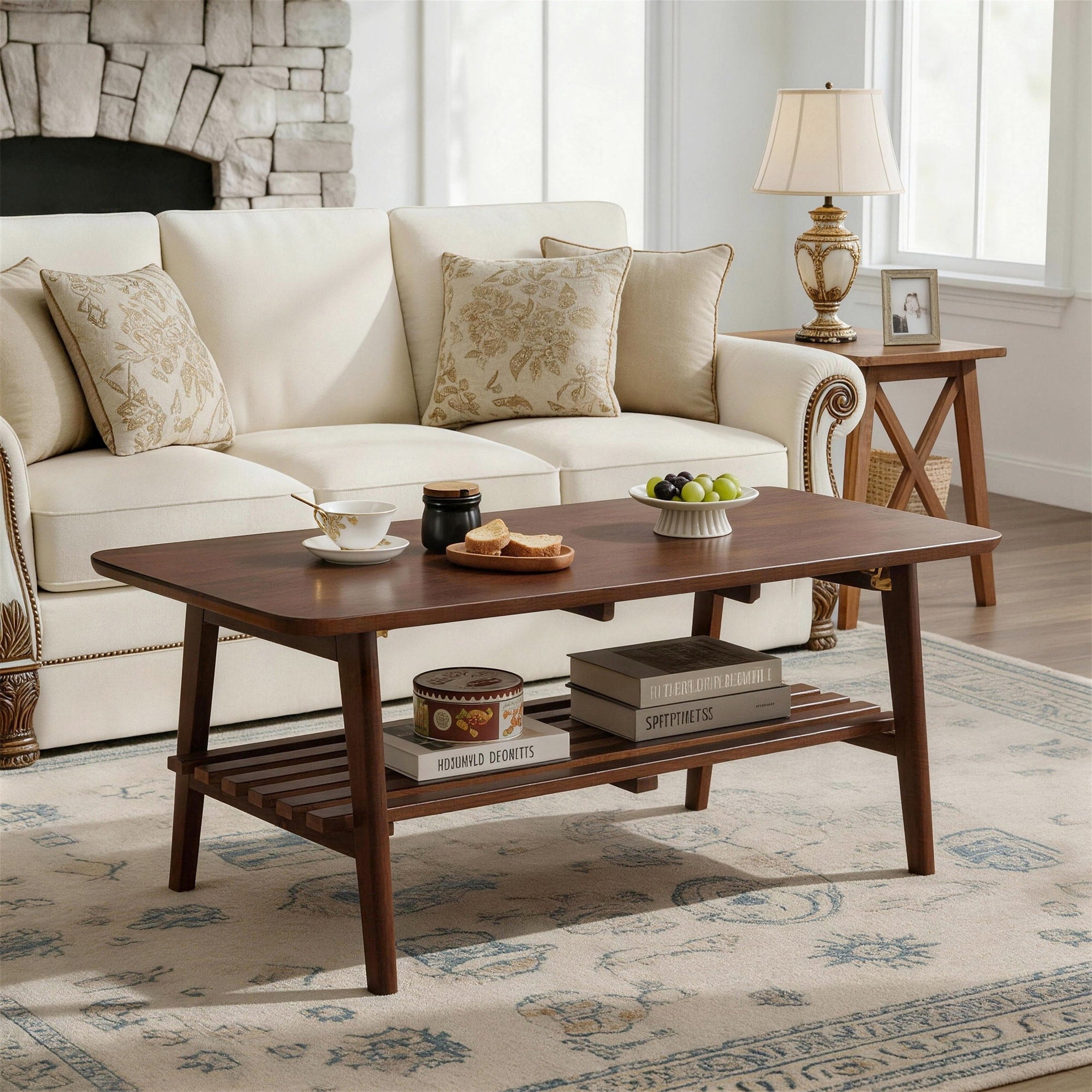 Wooden Coffee Table With Storage Shelf Mid Century Rectangular Center Table For Living Room Walnut Brown