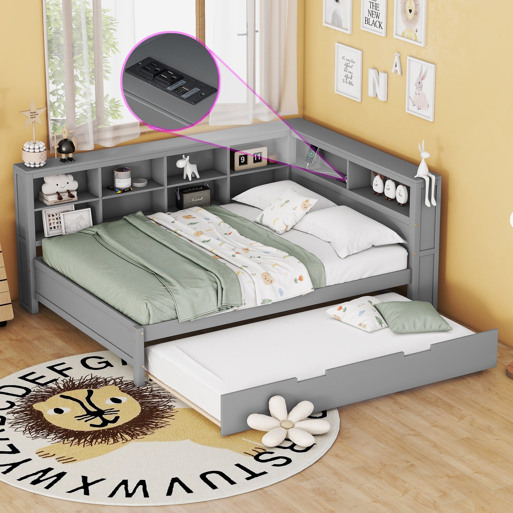 Wooden Daybed With Twin Size Trundle Daybed With Storage Shelf And Usb Charging Ports