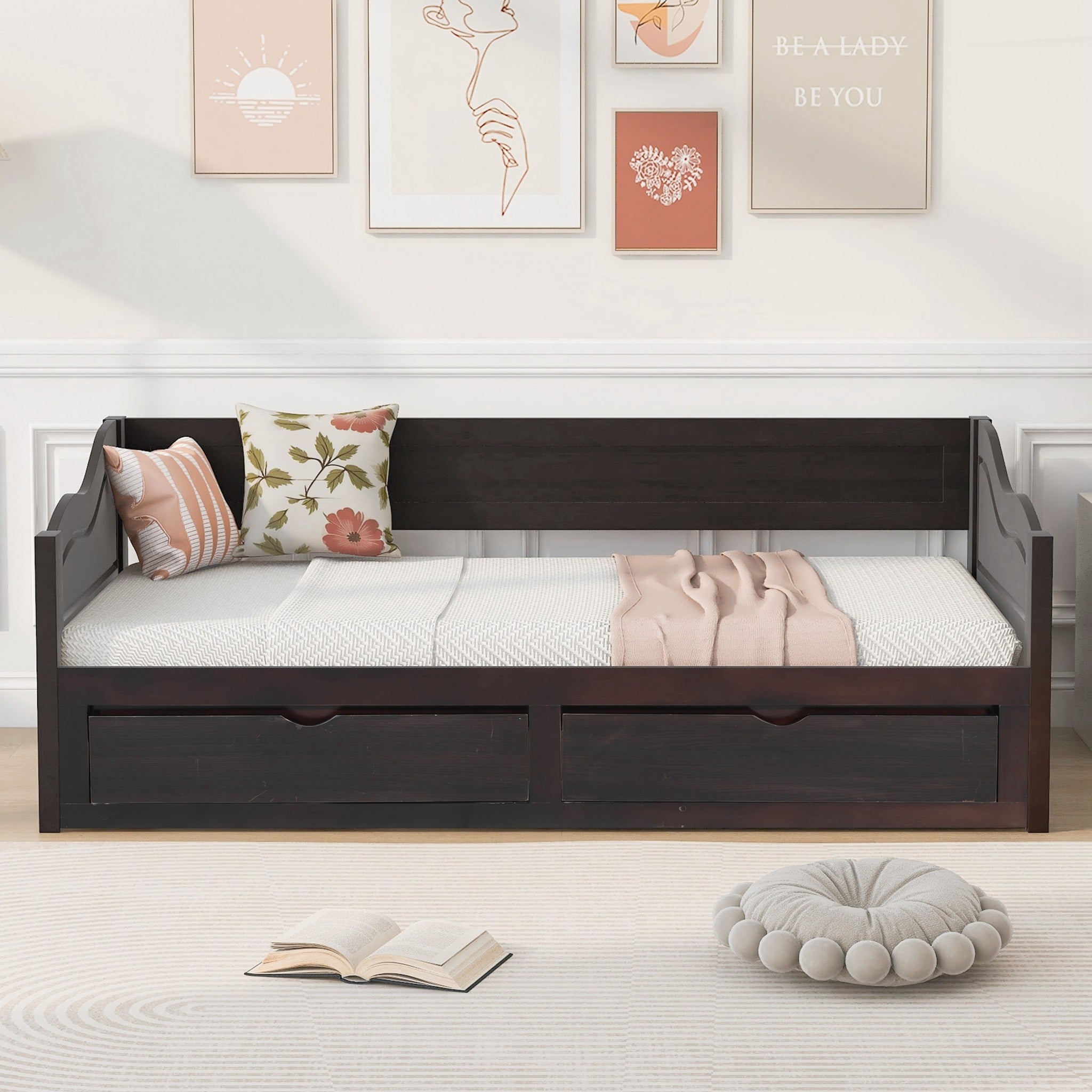 Wooden Daybed With Trundle Bed And Two Storage Drawers