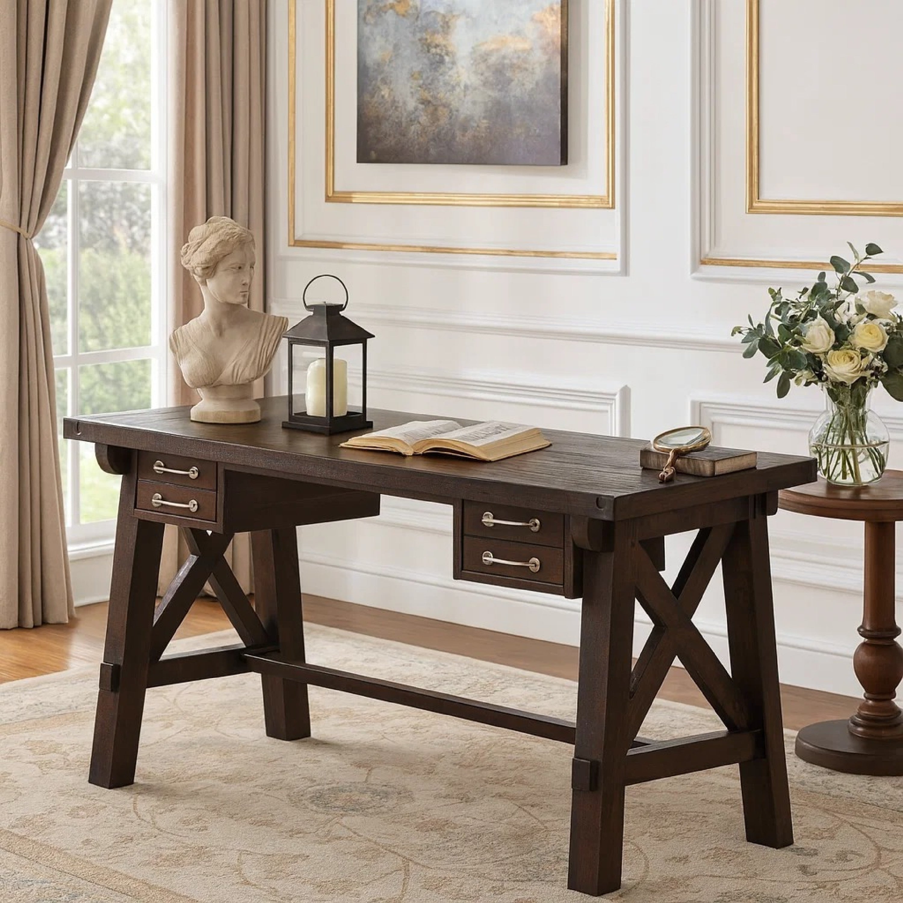Wooden Desk With Sleek Drawer Storage And Crossed Side Bracing Brown