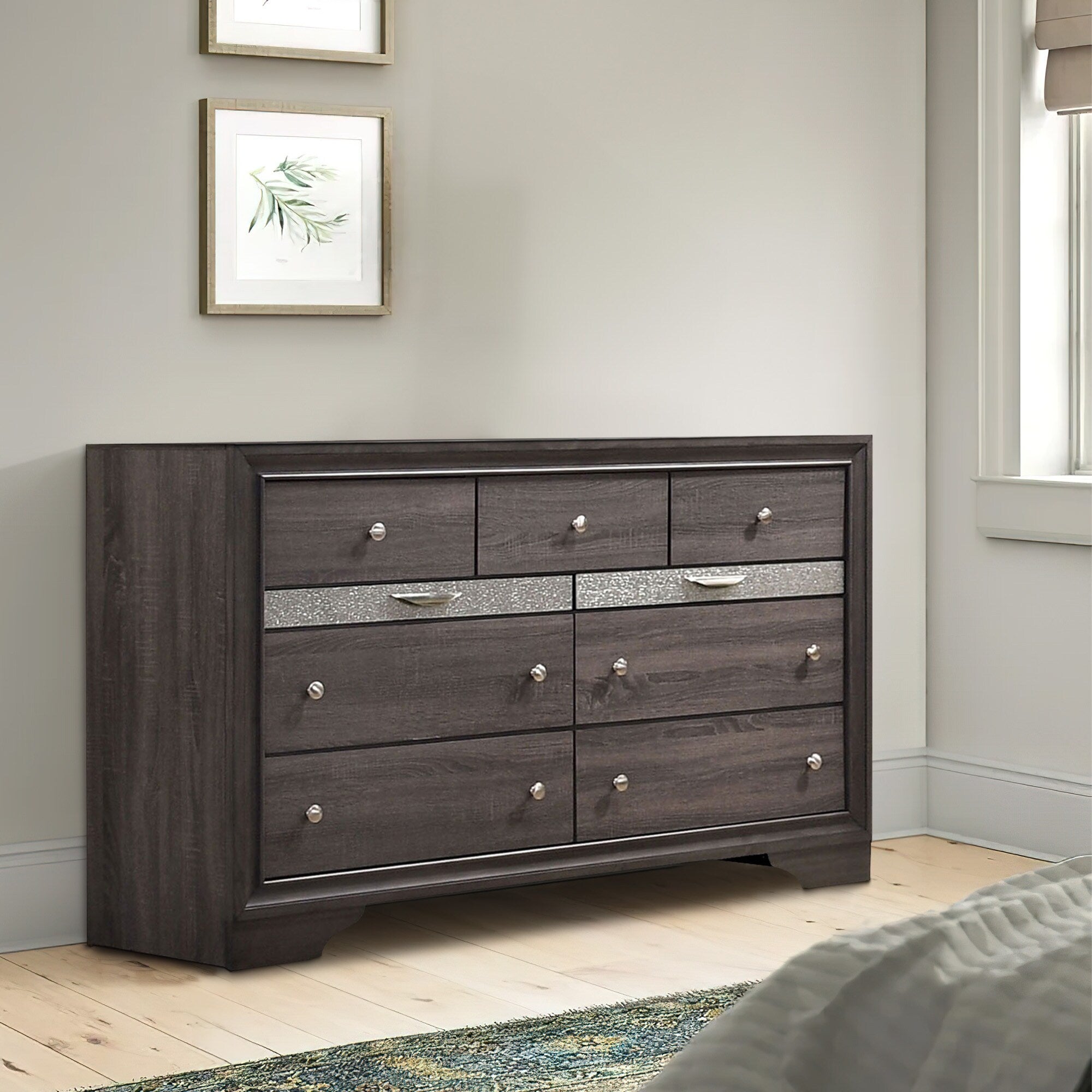 Wooden Dresser With 7 Drawers And 2 Jewelry Drawer Gray And Silver