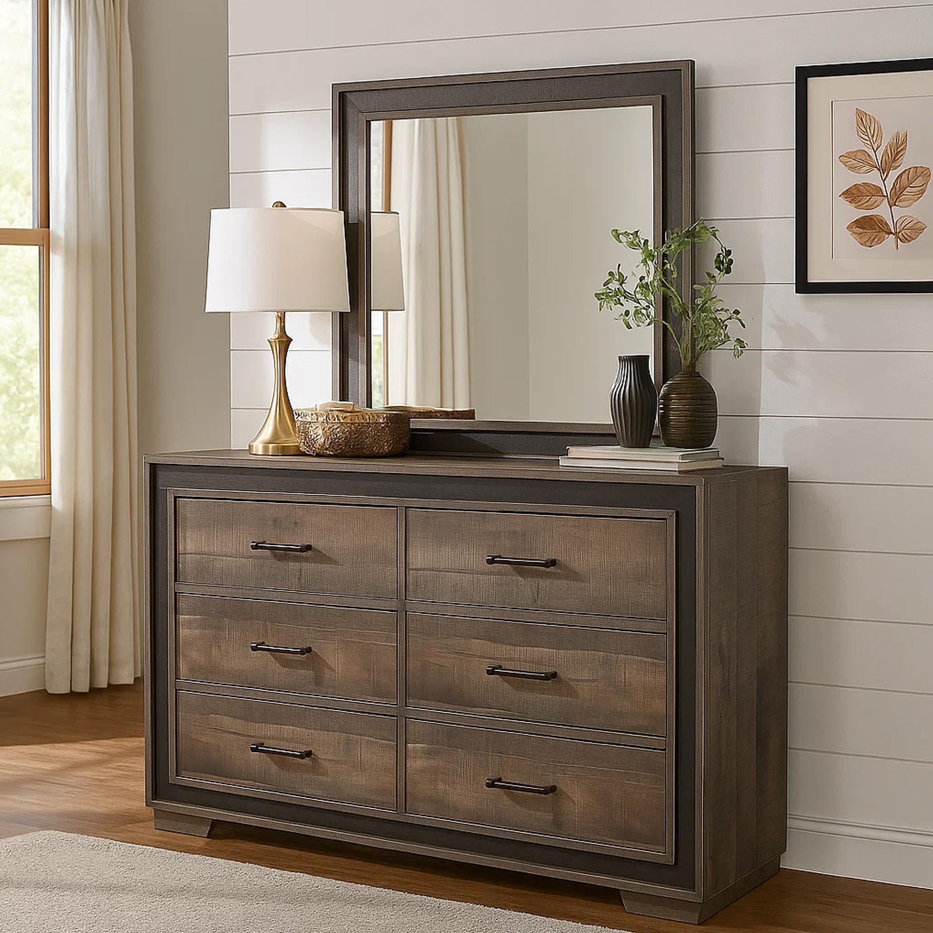 Wooden Dresser With Sled Base And Metal Bar Pulls Brown