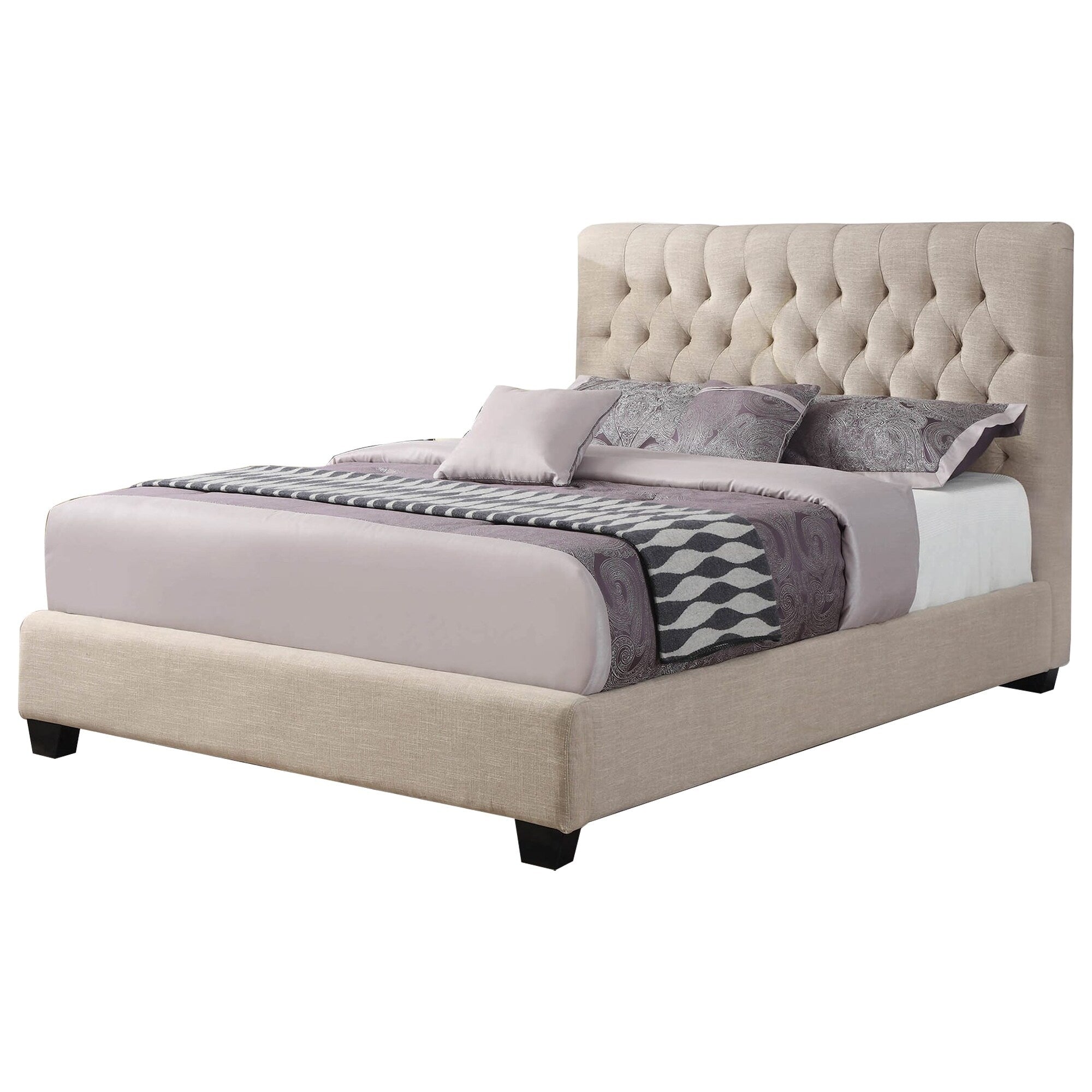 Wooden Eastern King Size Bed With Button Tufted Headboard Beige